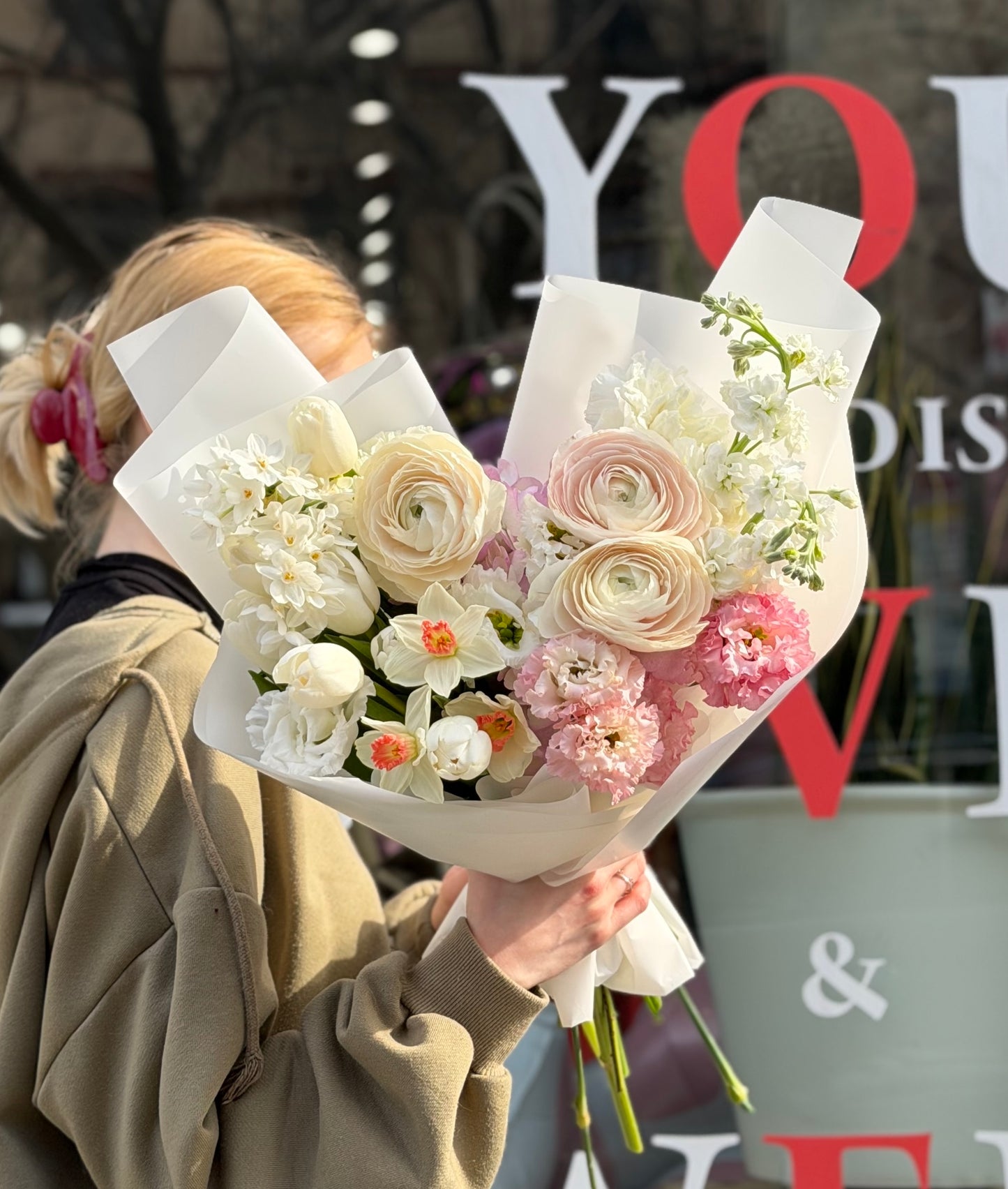 “Spring Garden” Bouquet ( spray daffodils, ranunculus, hydrangeas, daffodils, carnations, tulips, stocks, lisianthus)