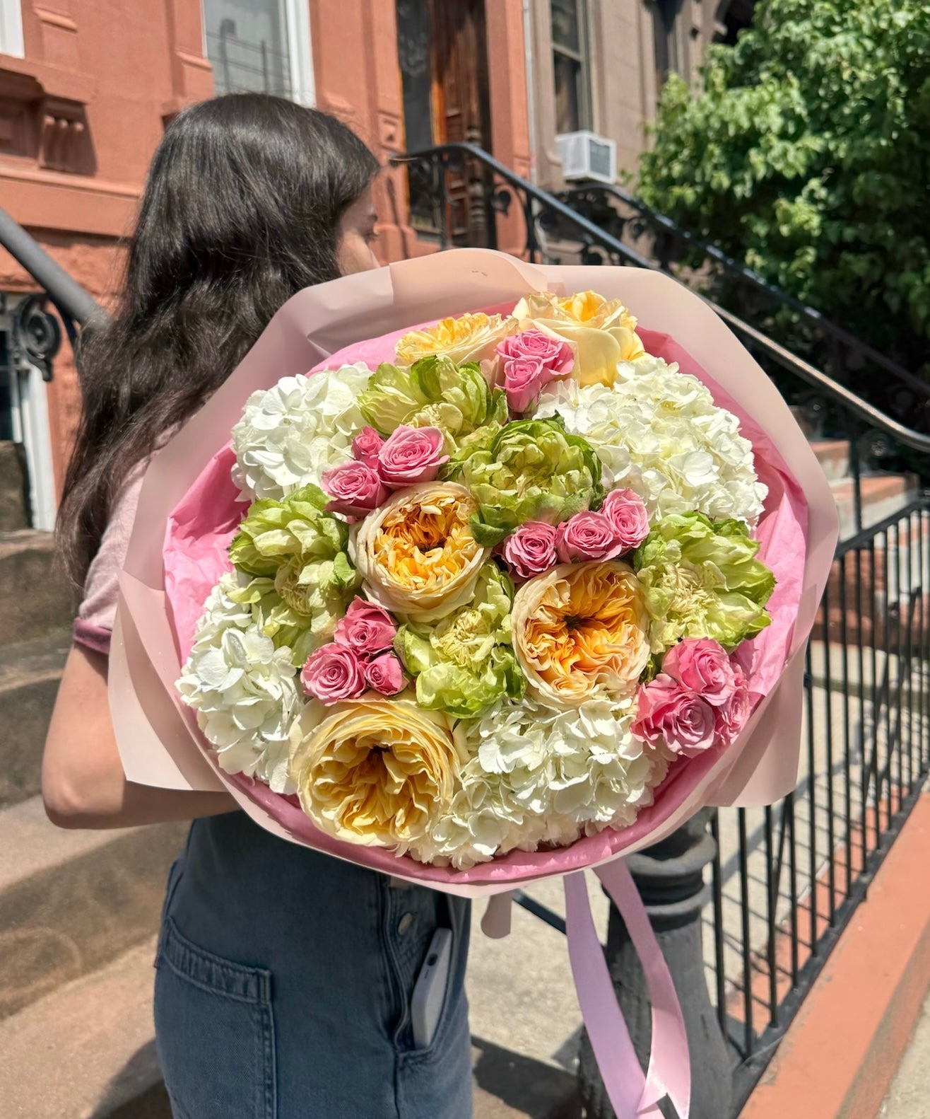 "Whispers of Summer" Bouquet (garden roses, veggie rose, pink spray roses, hydrangea)