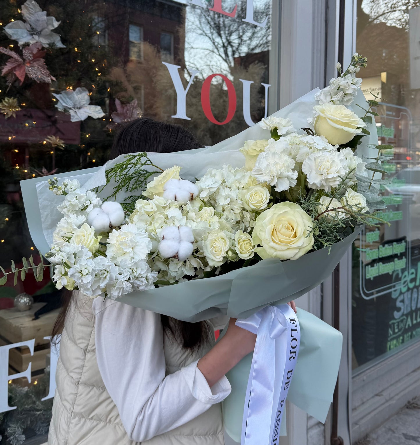 "Snow Garden" Bouquet (Hydrangeas, White Roses, Spray Roses, Cotton, Carnations, Eucalyptus, Stocks, Christmas Greenery)