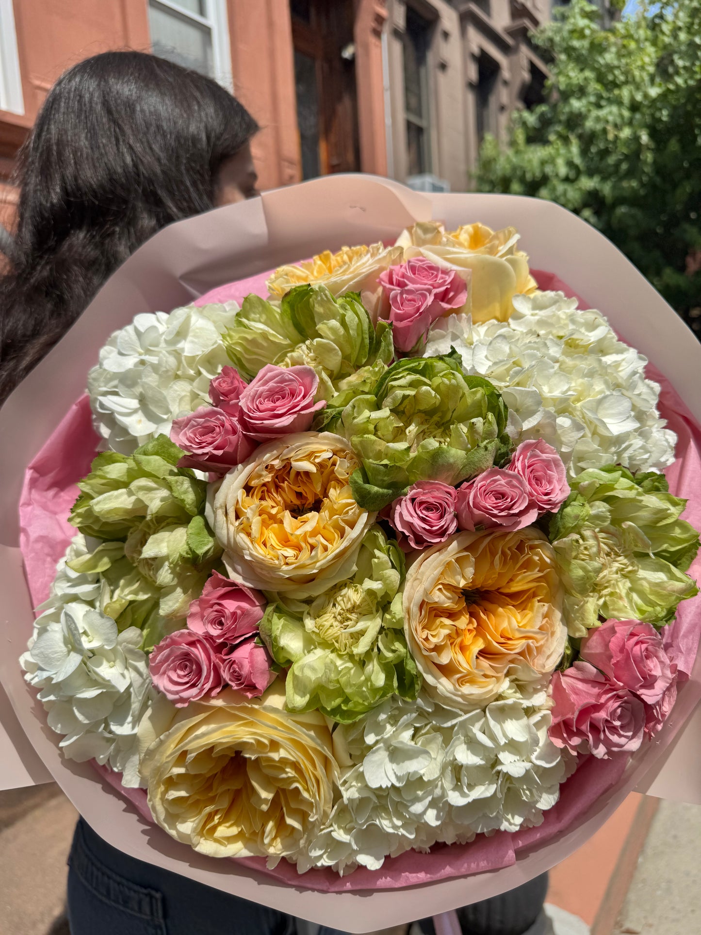 "Whispers of Summer" Bouquet (garden roses, veggie rose, pink spray roses, hydrangea)