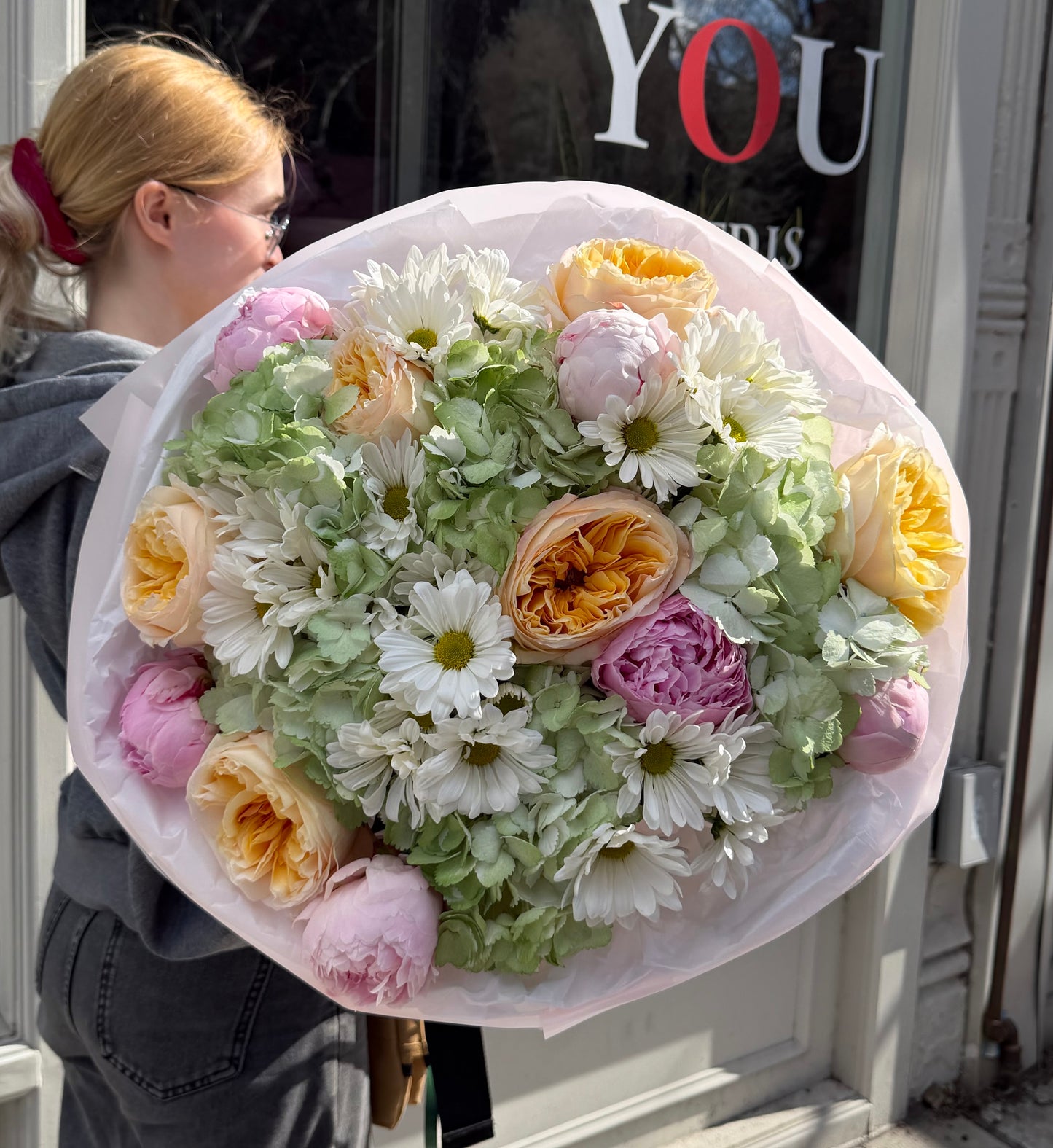 “Secret Garden” Bouquet (peonies, hydrangeas, daisy, cream expression garden roses)