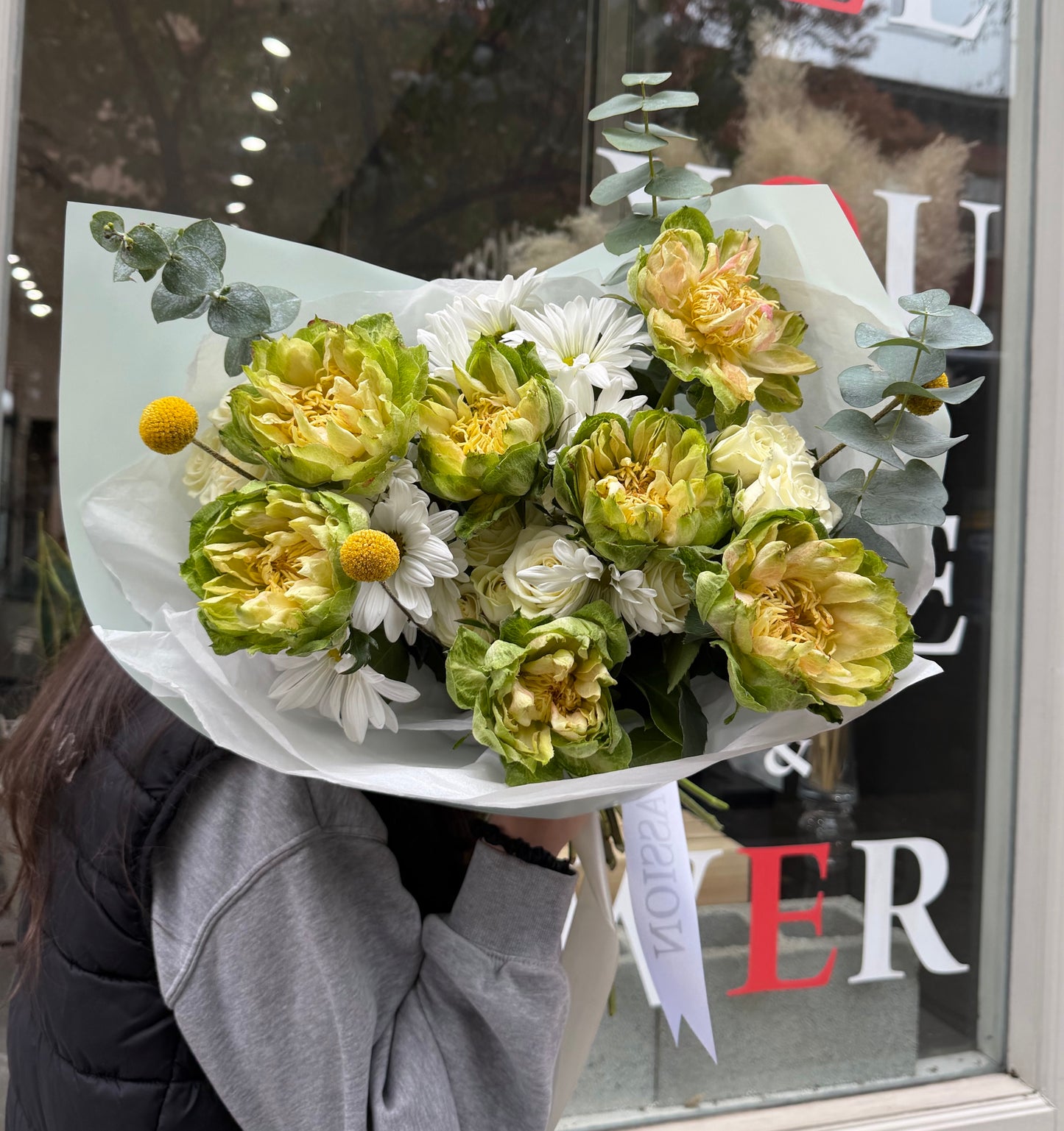 “Green Fever” Bouquet (veggie roses, spray roses, daisy, eucalyptus, craspedia)