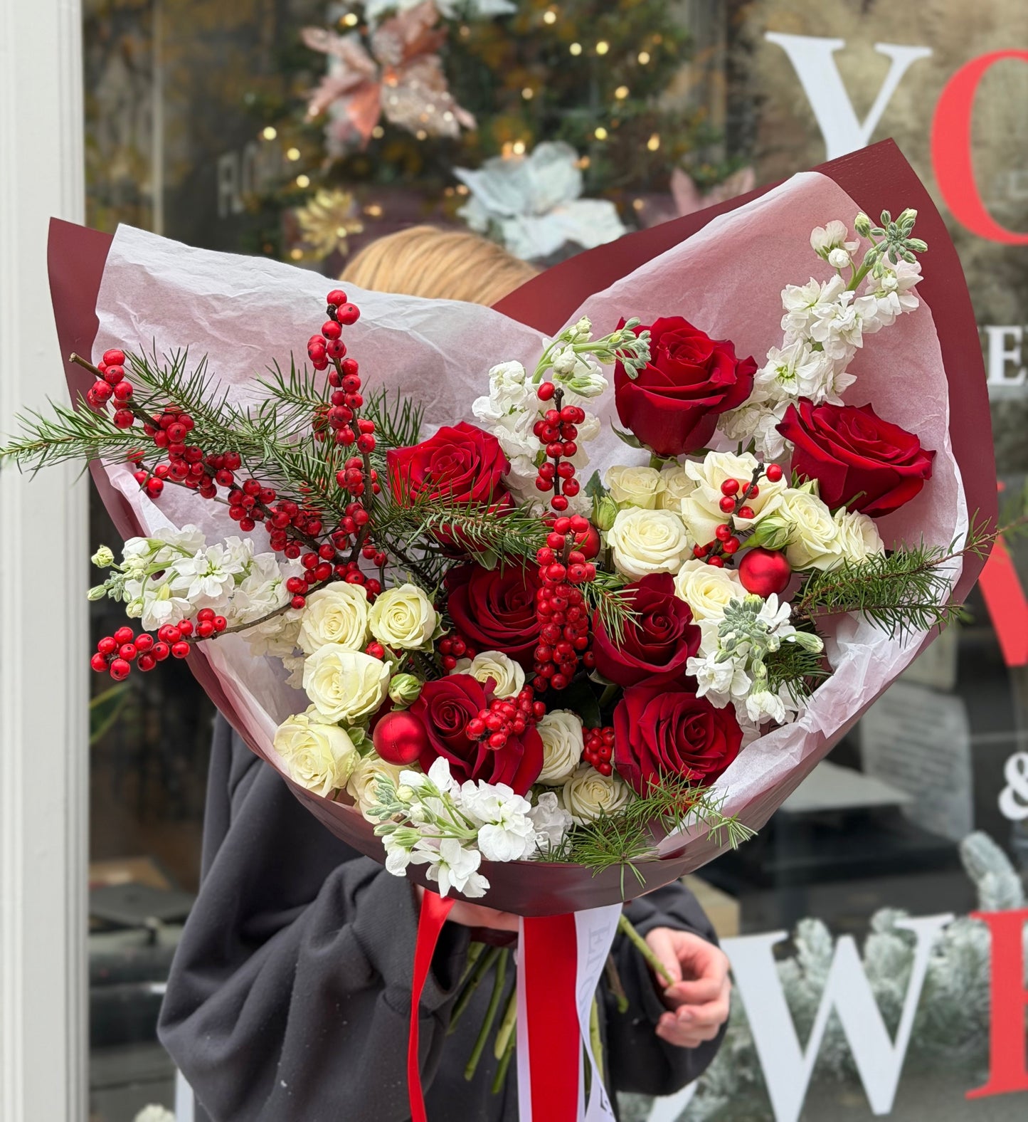 "Red Miracle" Bouquet (Spray Roses, Ilex, Stocks, Red Roses, Christmas Greenery)