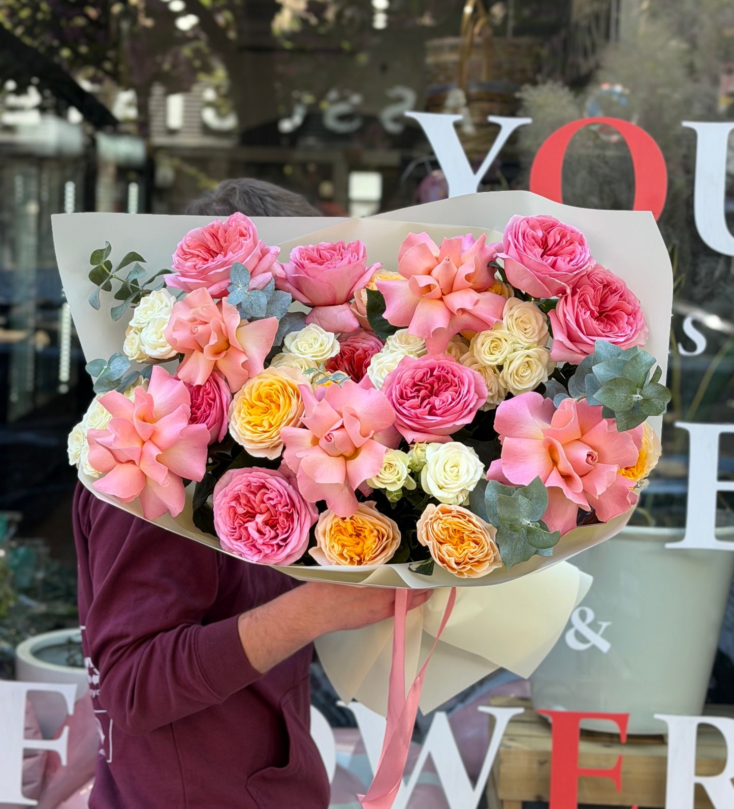 “Rose Paradise” Bouquet (French Hermosa Roses, Garden Roses, Spray Roses, Eucalyptus)