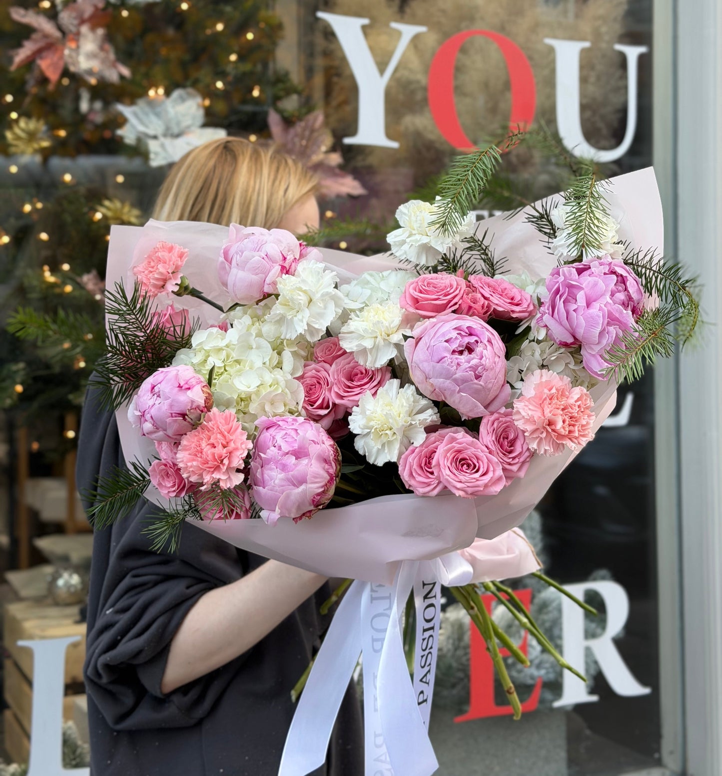 "Pink Forest" Bouquet (Hydrangeas, Peonies, Spray Roses, Dianthuses, Christmas Greenery)