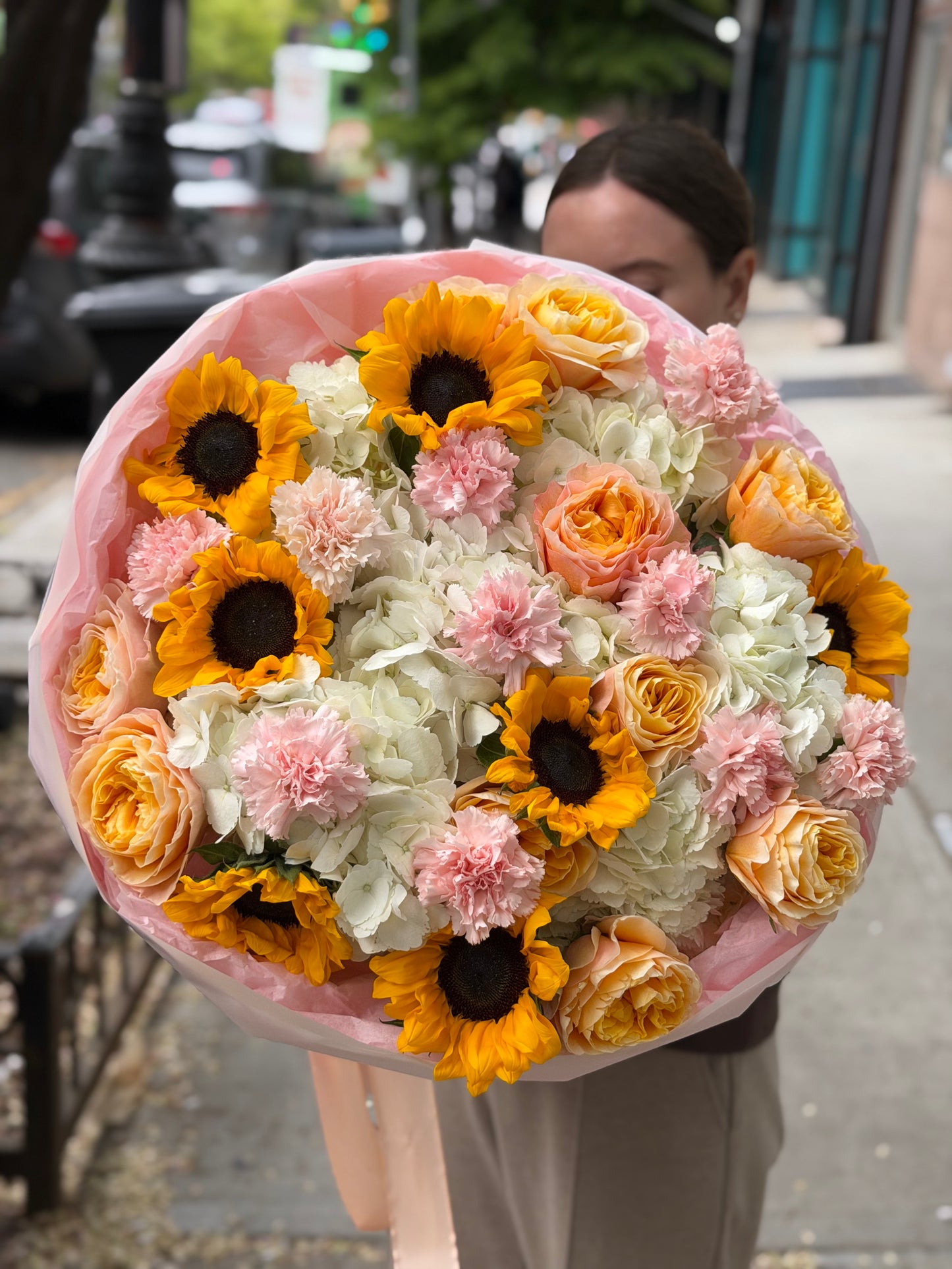 “Suncore” Bouquet (Hydrangeas, Carnations, Sunflowers, Kings Cross Roses)