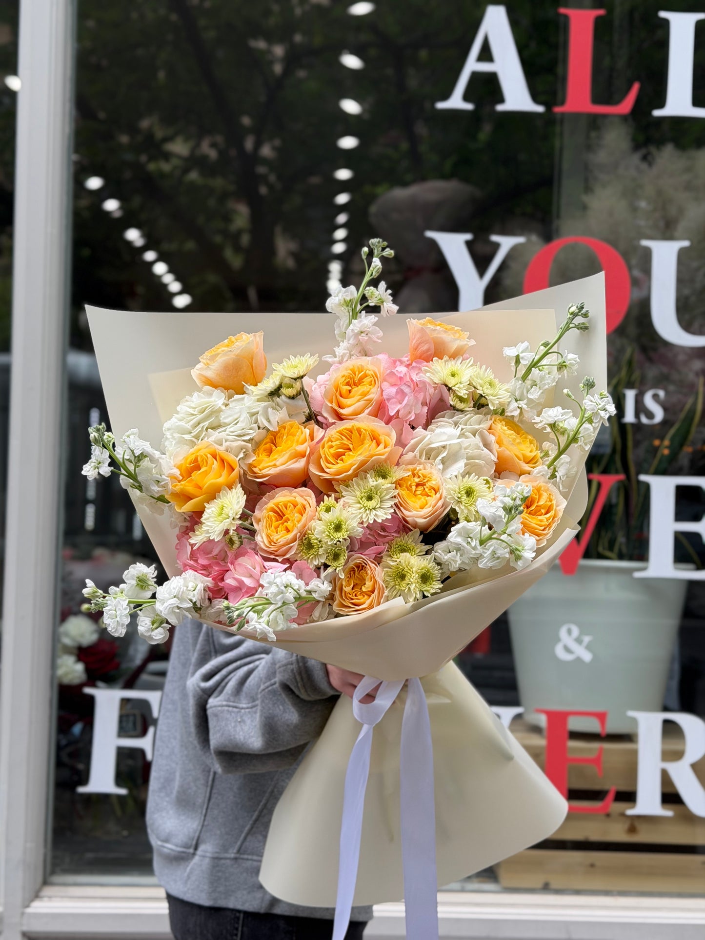 “Peach Energy” Bouquet (Hydrangeas, Stocks, Chrysanthemums, Kings Cross Roses)