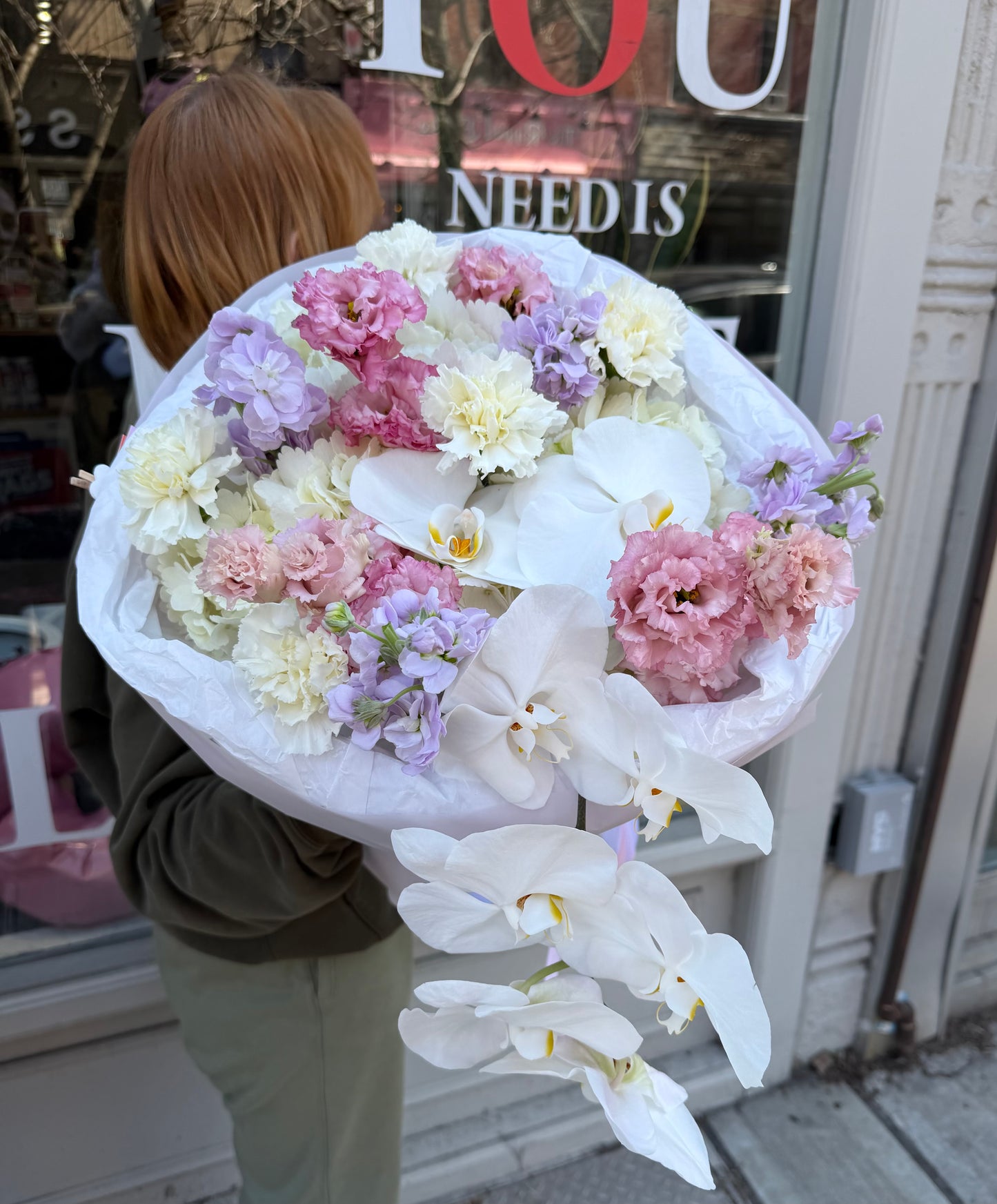 “Orchid Blush Symphony” (orchid, lisianthus, stocks , stocks , dianthuses, hydrangeas)