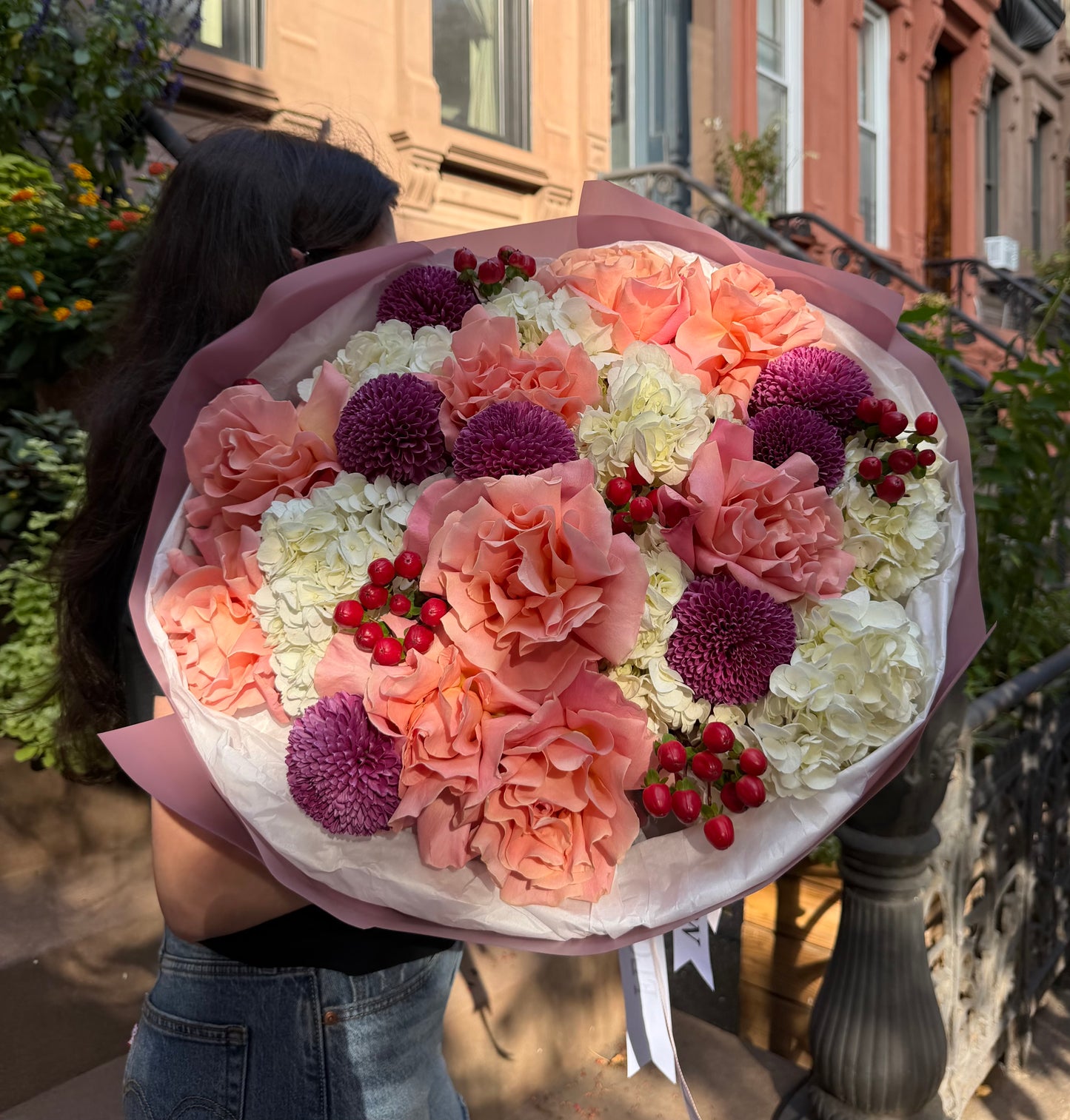 “Berry Blush” Bouquet (hydrangeas, French Hermosa Roses, Berries, Cremon Purple)