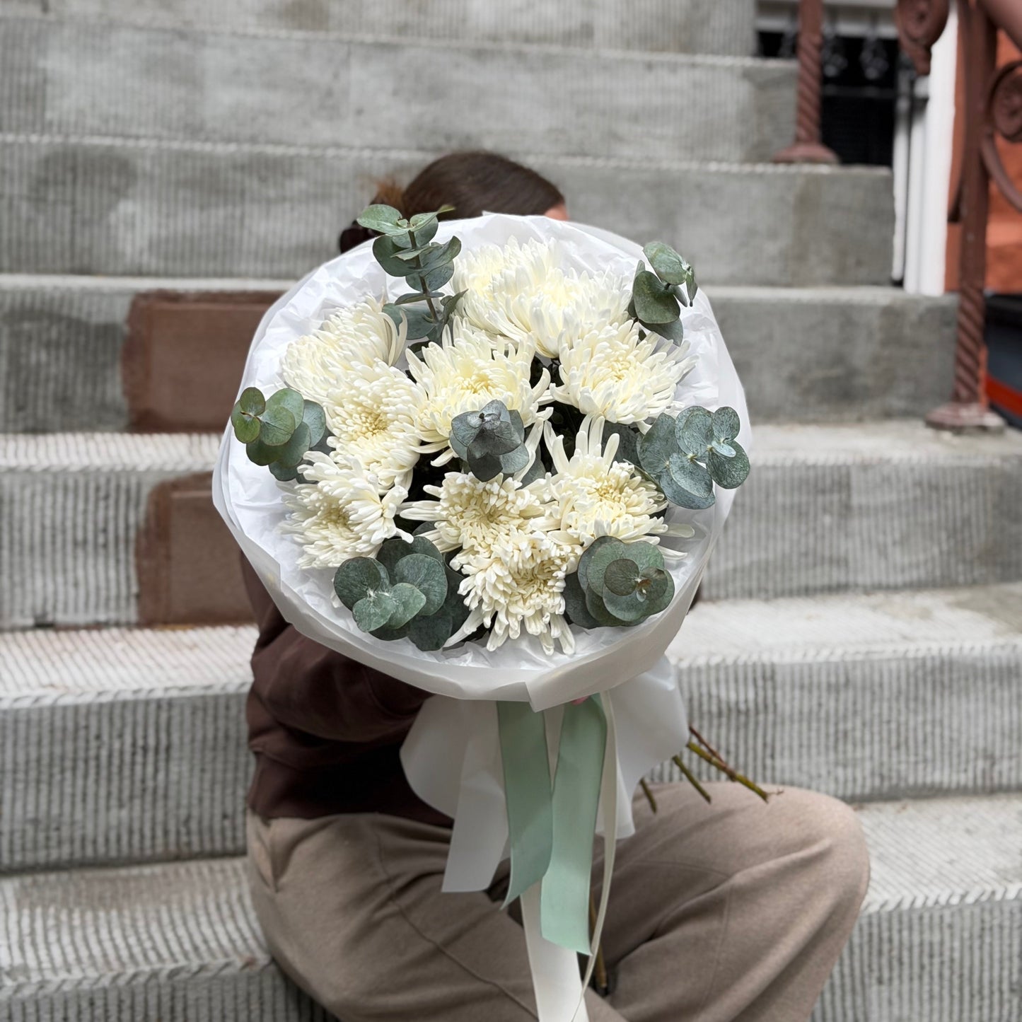 White Chrysanthemums & Eucalyptus
