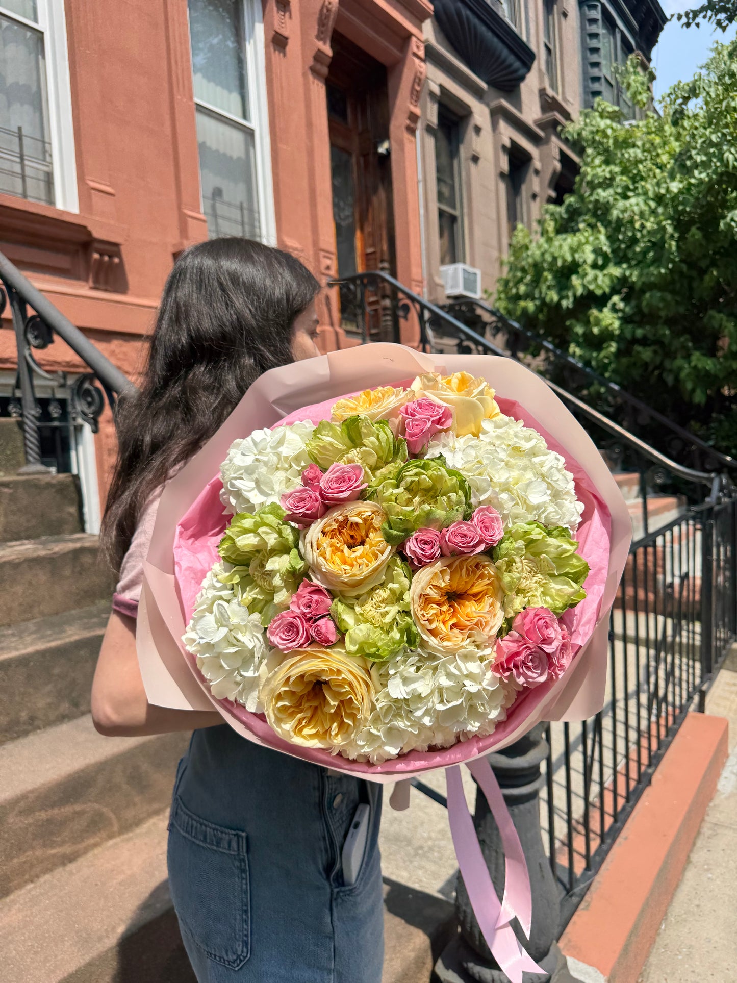 "Whispers of Summer" Bouquet (garden roses, veggie rose, pink spray roses, hydrangea)
