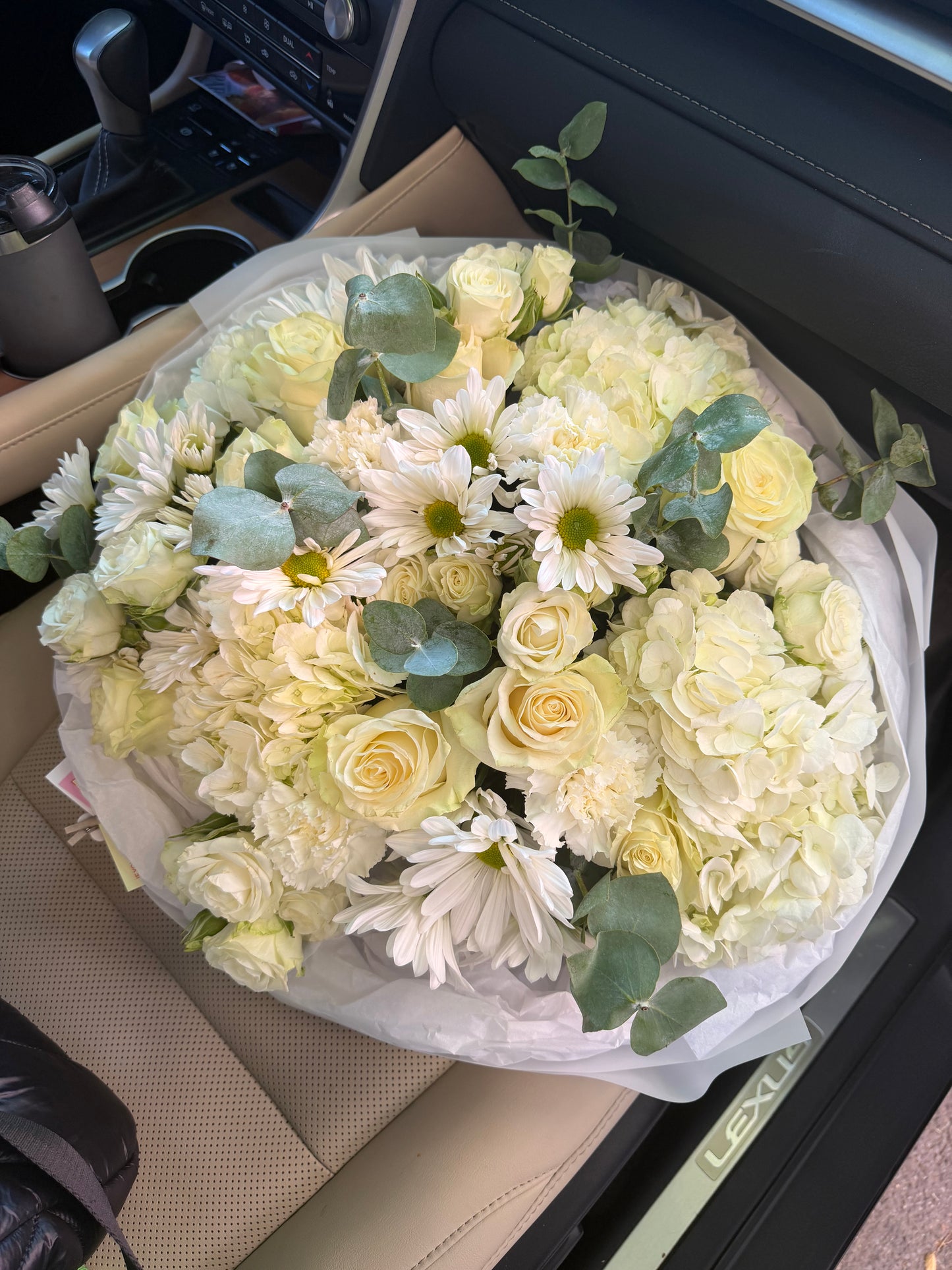 “Cloud Serenade” Bouquet ( hydrangeas, daisy, roses, eucalyptus)