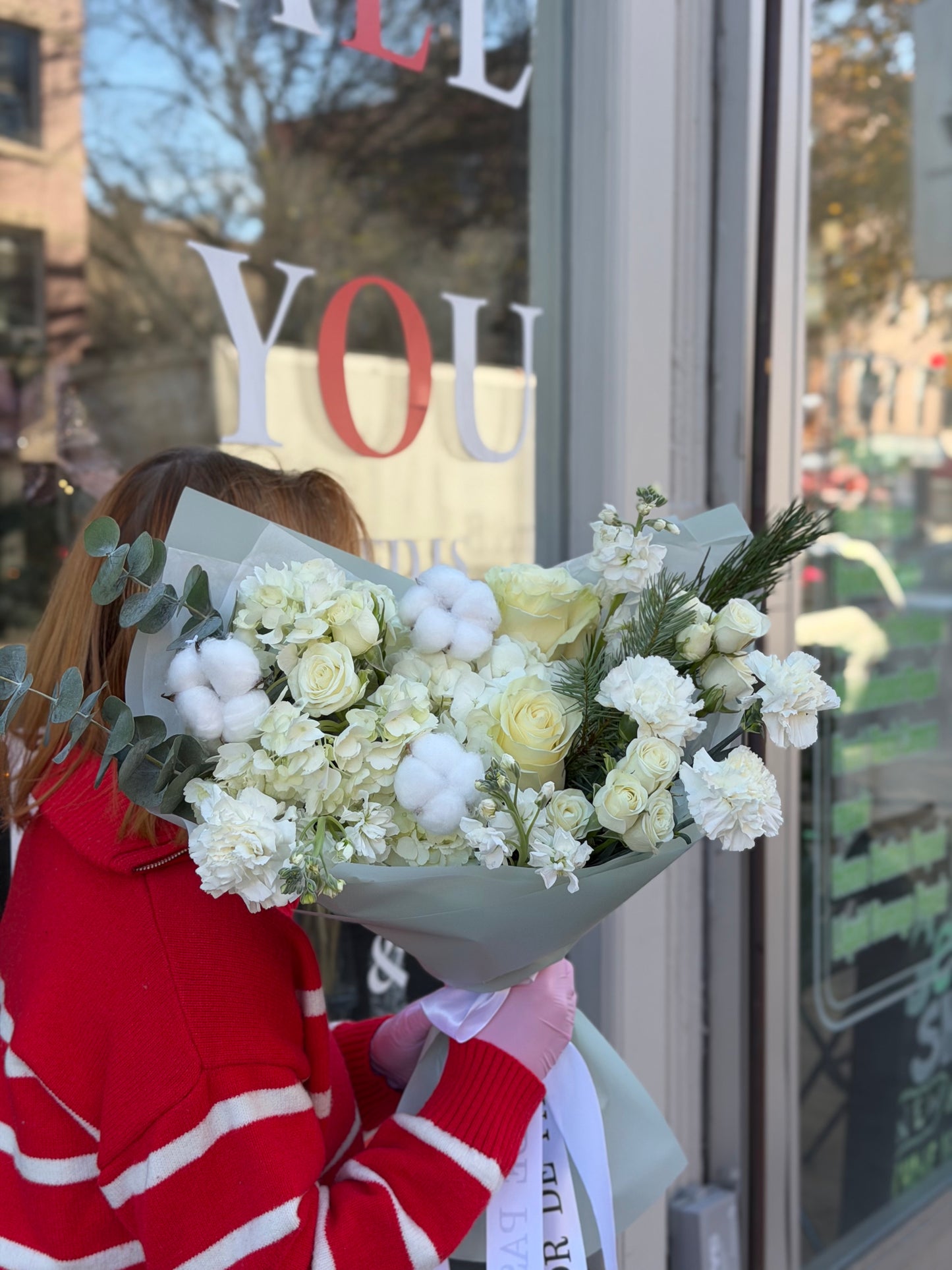"Snow Garden" Bouquet (Hydrangeas, White Roses, Spray Roses, Cotton, Carnations, Eucalyptus, Stocks, Christmas Greenery)
