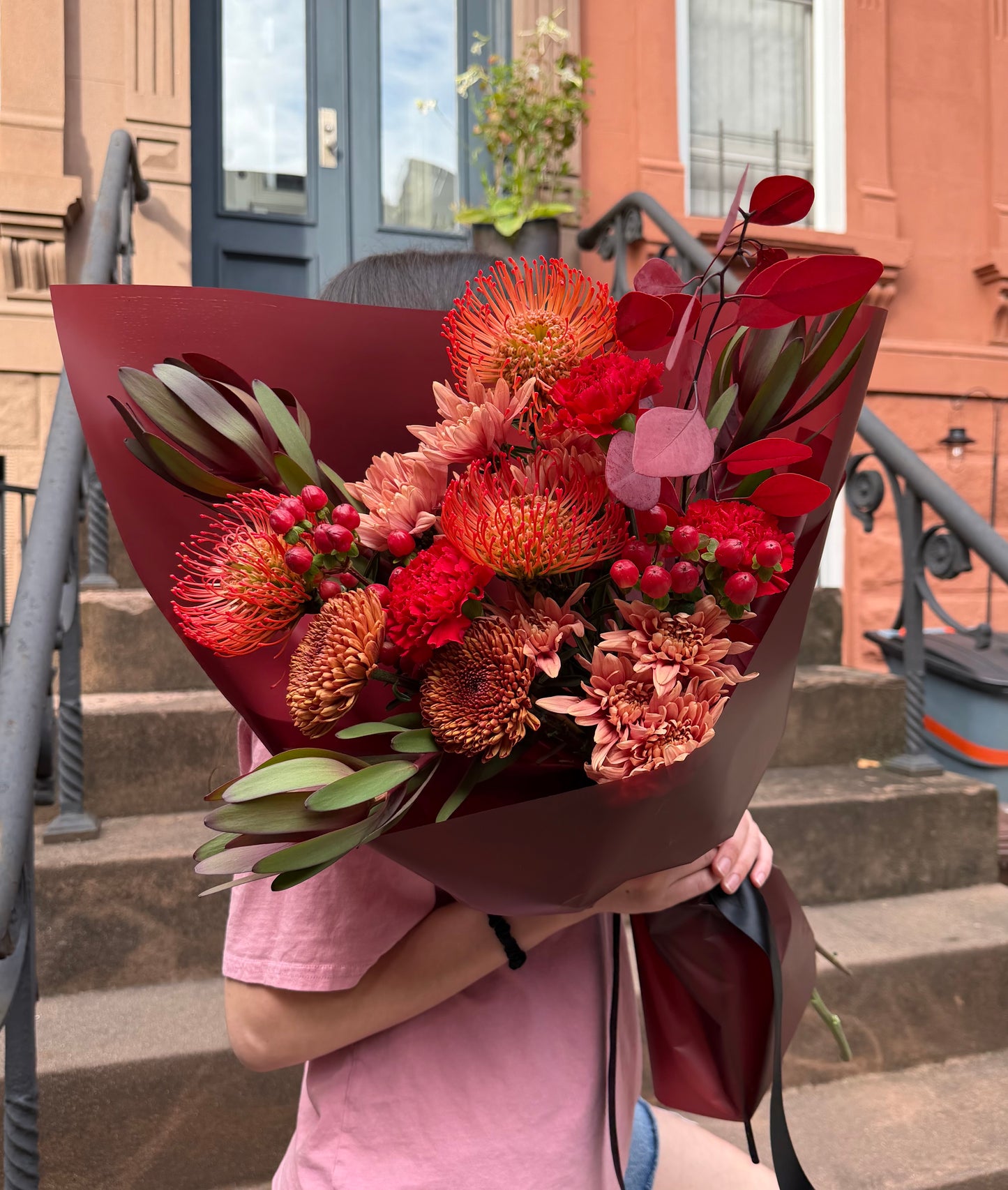 “Flame Embrace” Bouquet (pincushion, daisy, hypericum, dianthuses, leaves)