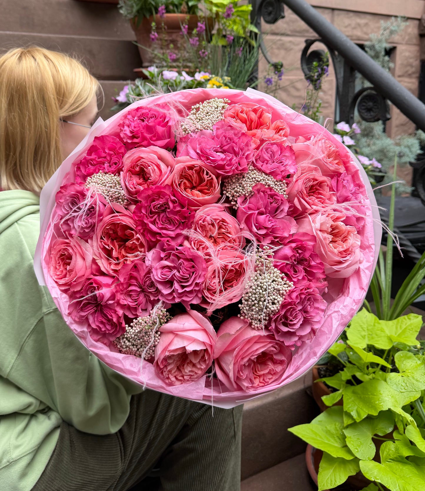 “Pink Stories” Bouquet (Country Blues Roses, Pink Expression Garden Roses, Rice Flower, Stipa)