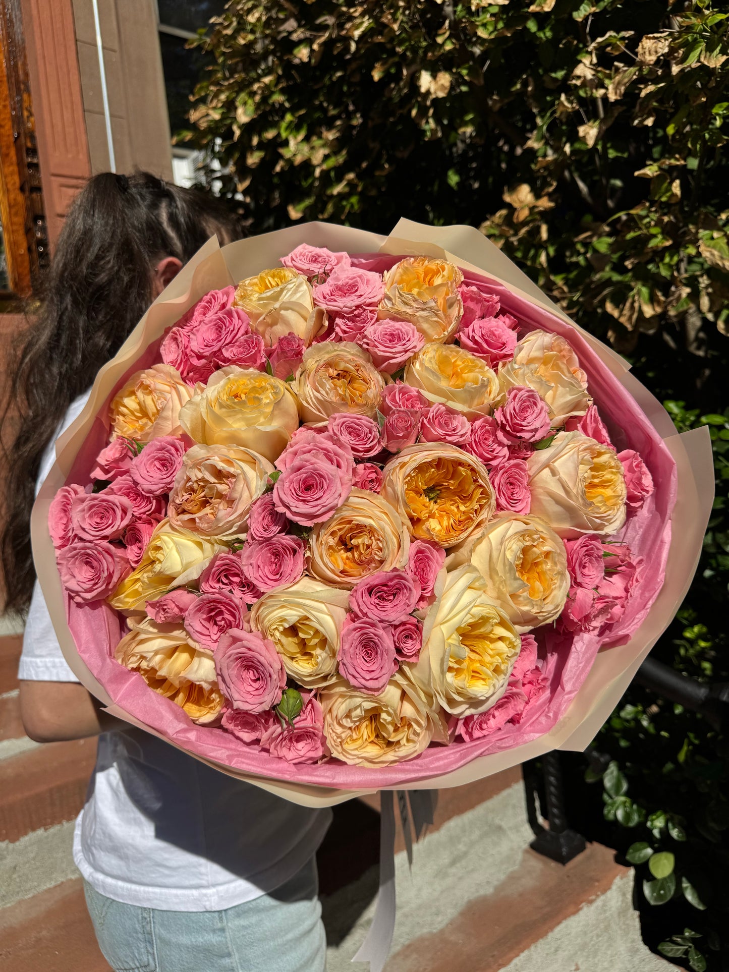 “Cream Symphony” Bouquet (Cream expression garden roses, pink spray roses)