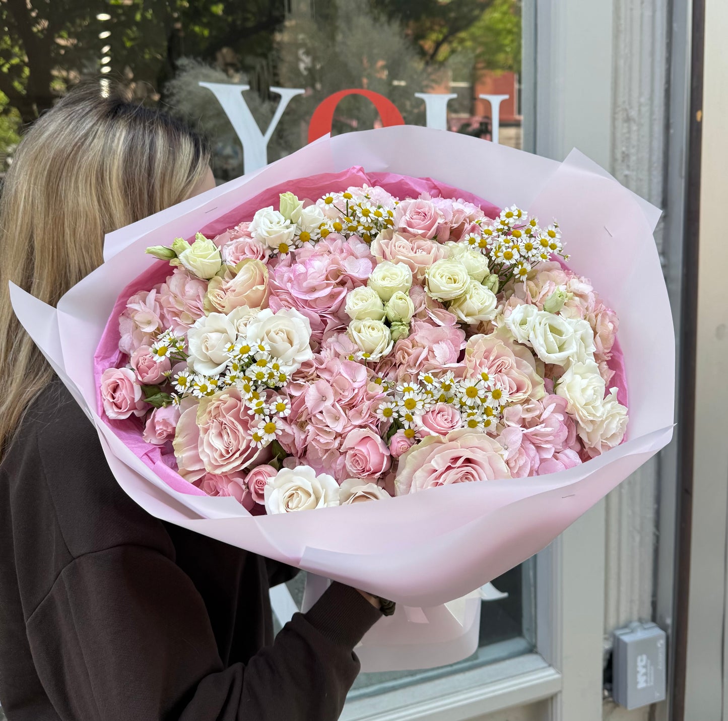 “Kiss of the Sun” Bouquet (chamomiles , spray roses, hydrangeas, roses, lisianthus)