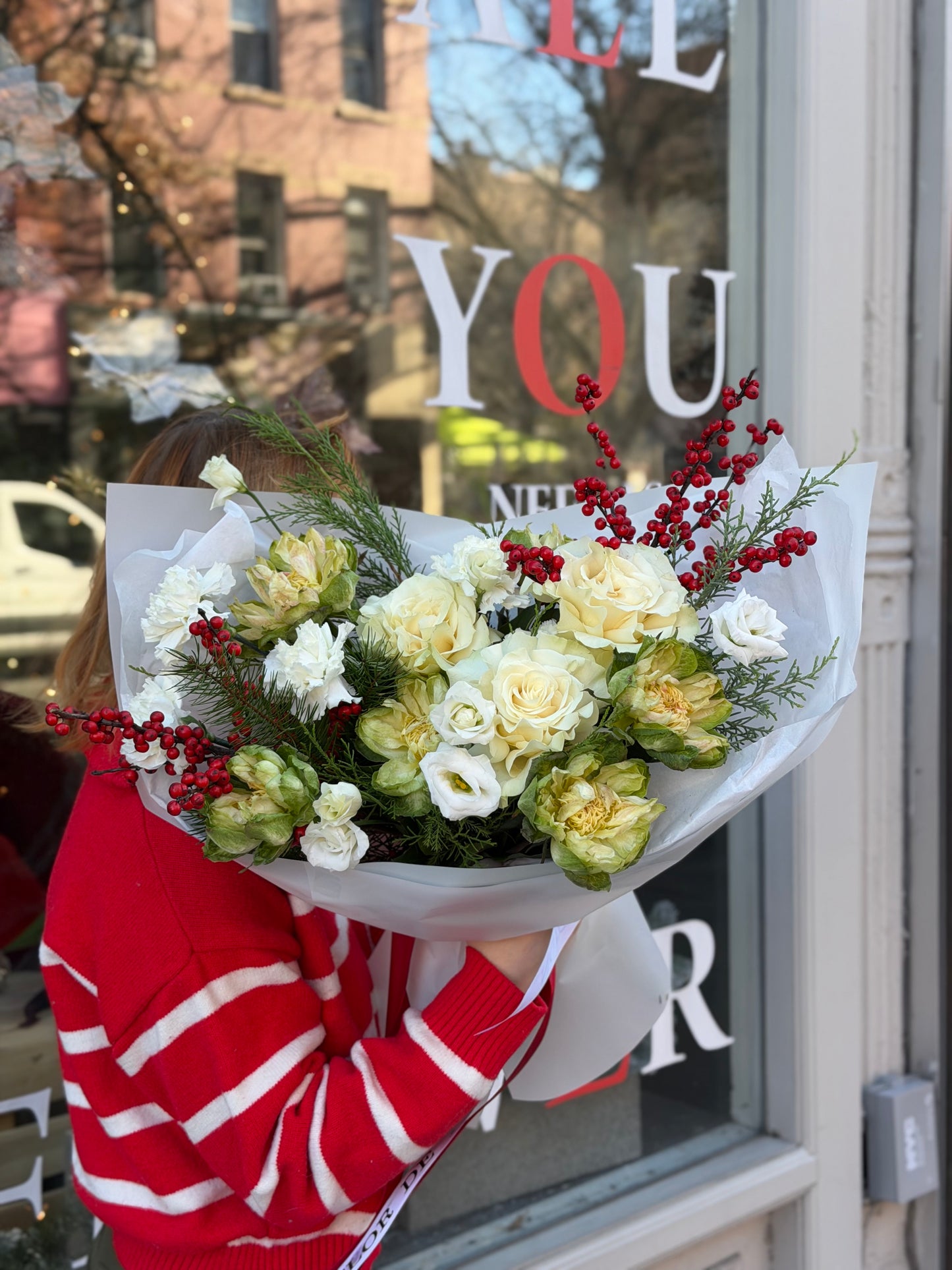 "Nordic Couture" Bouquet (French Roses, Veggie Rose, Illex, Lisianthus, Carnations, Christmas Greenery)