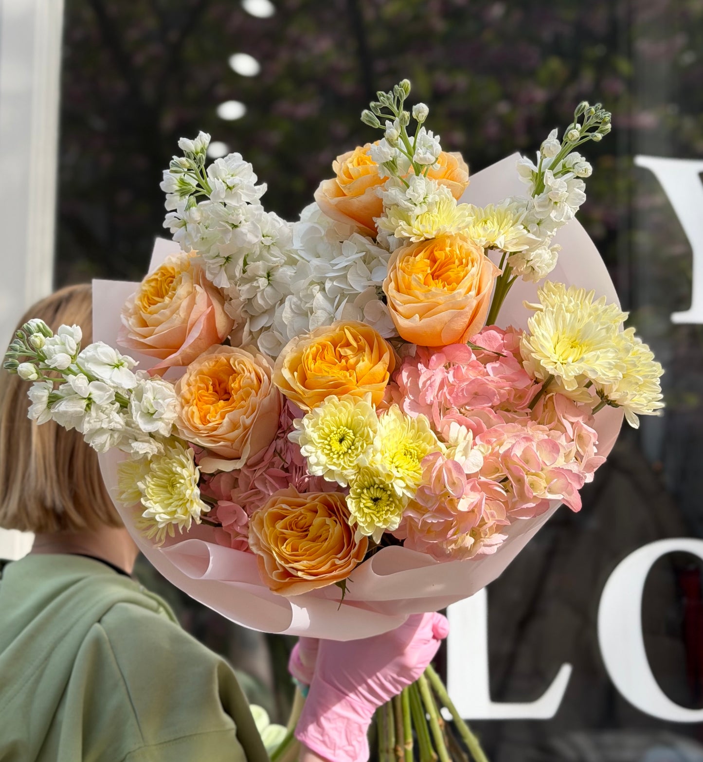 “Peach Energy” Bouquet (Hydrangeas, Stocks, Chrysanthemums, Kings Cross Roses)