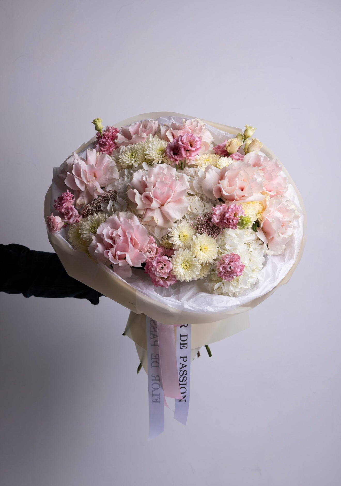 “Gentle Hug” Bouquet (French Pink Roses, Rice Flower, Lisianthus, Cushion, Hydrangeas)