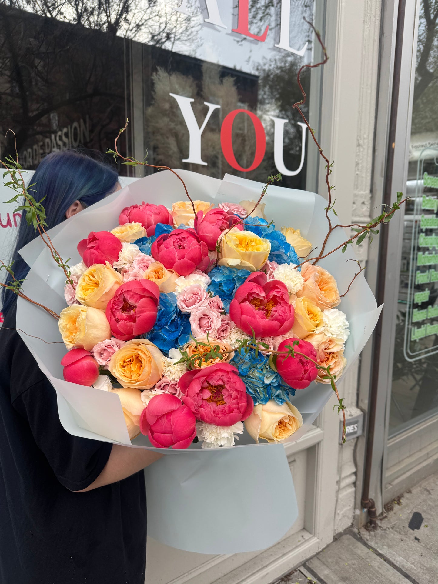 "Shadows in paradise" Bouquet ( coral peonies , garden roses, hydrangeas, spray roses, branches )