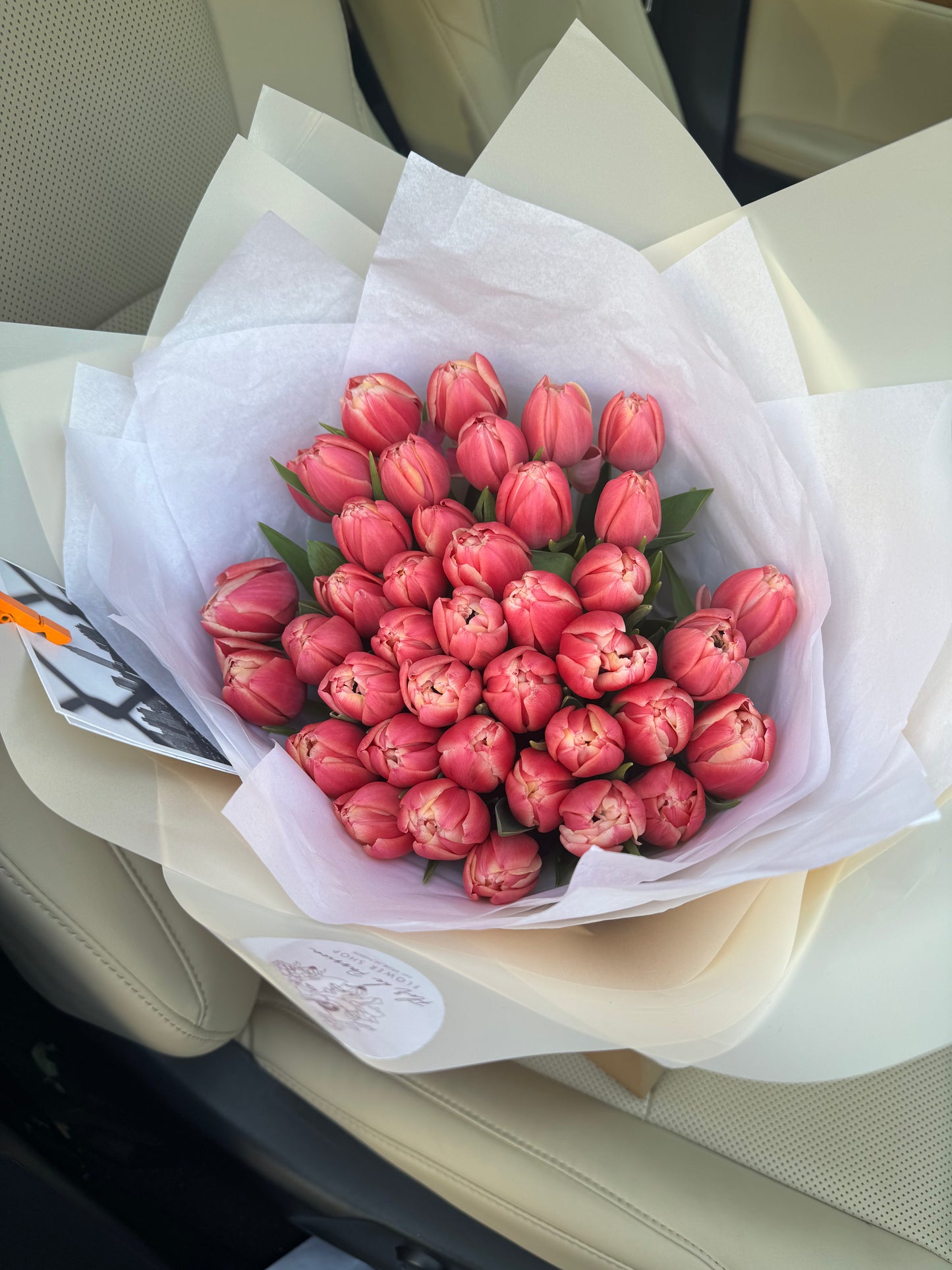 Mono bouquet of coral peony tulips