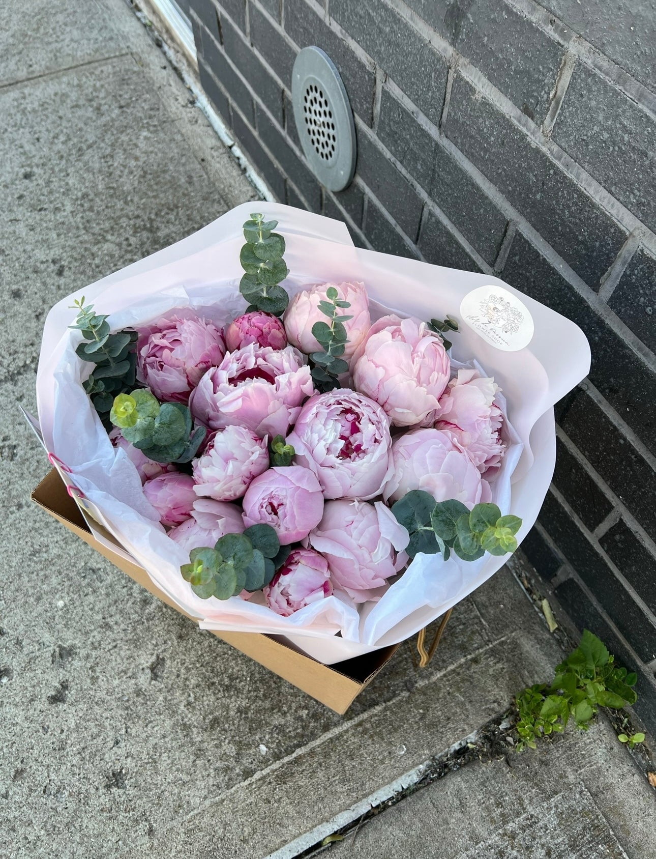 Bouquet of Light Pink Peonies with Eucalyptus.
