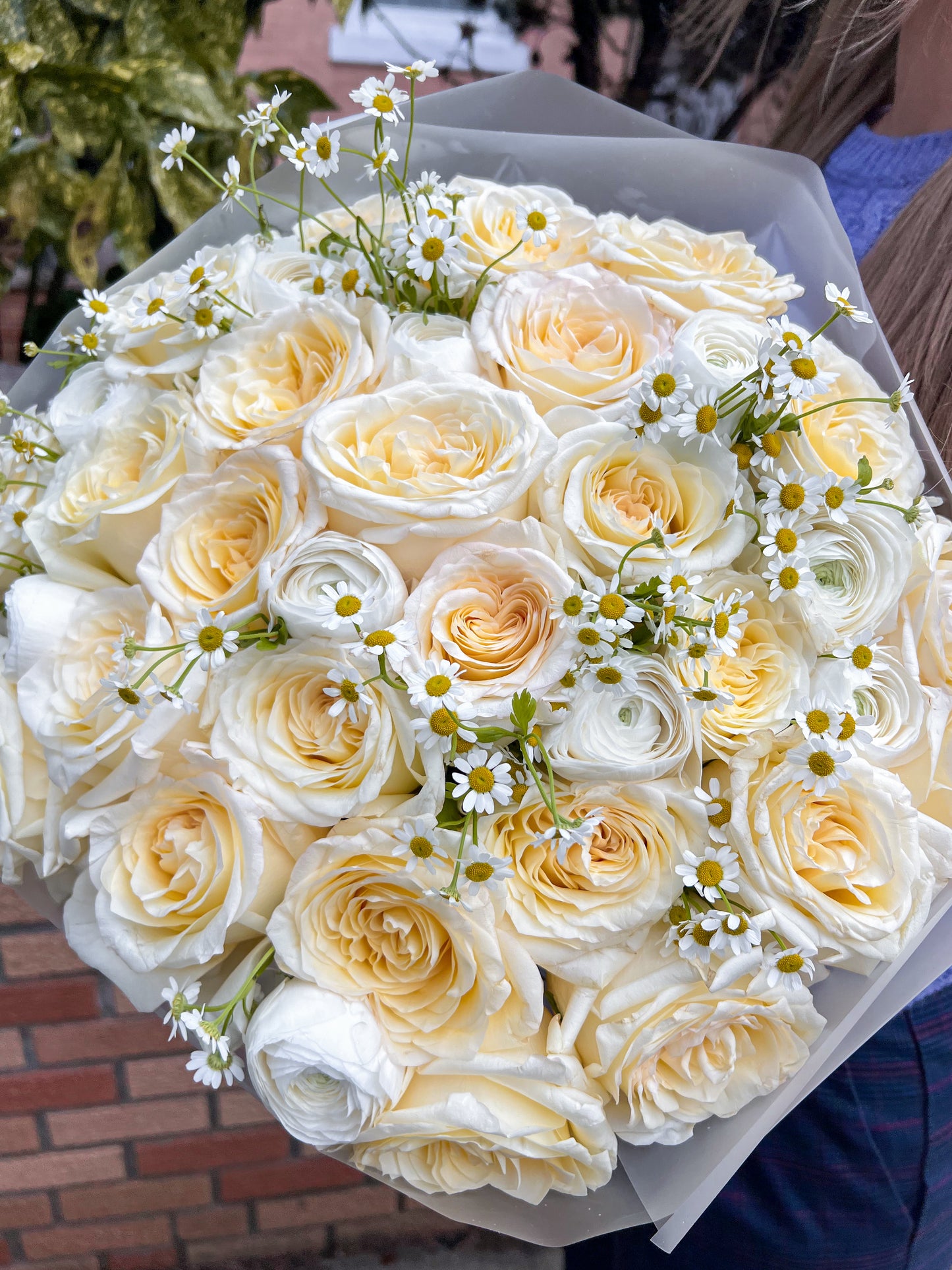 "Just Peachy" Bouquet ( roses, chamomiles, ranunculus)