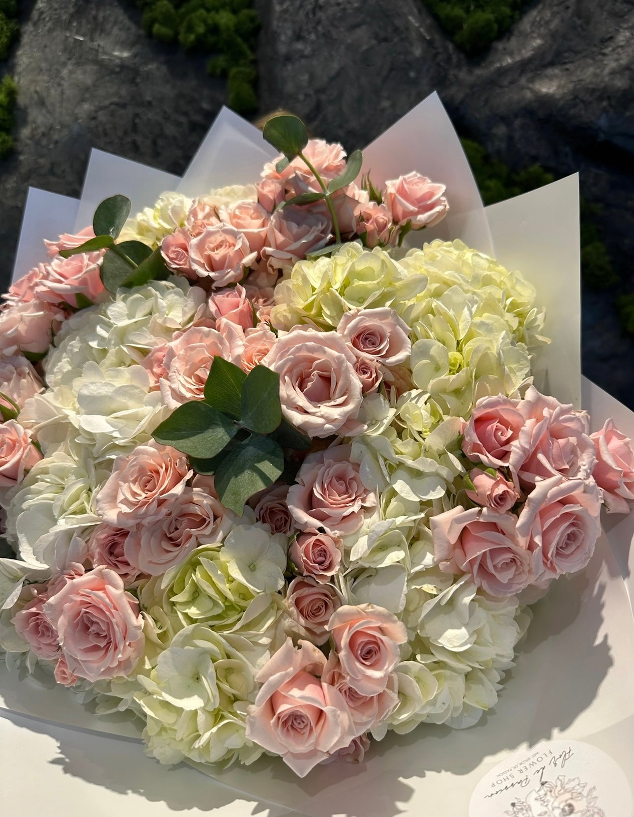 "Dreamland" Bouquet (spray roses, hydrangeas, eucalyptus)