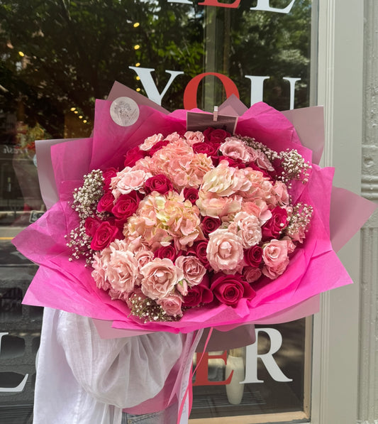 "Pretty in Pink" Bouquet (hot pink roses, hydrangeas , spray roses, baby breath)