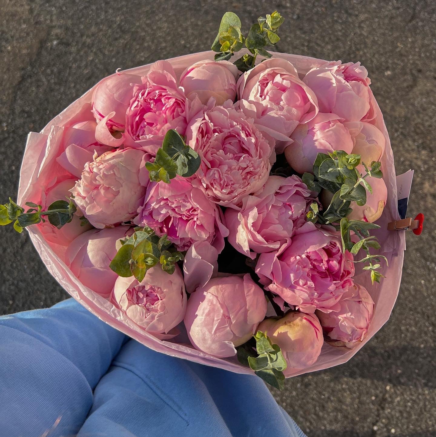 Bouquet of Light Pink Peonies with Eucalyptus.