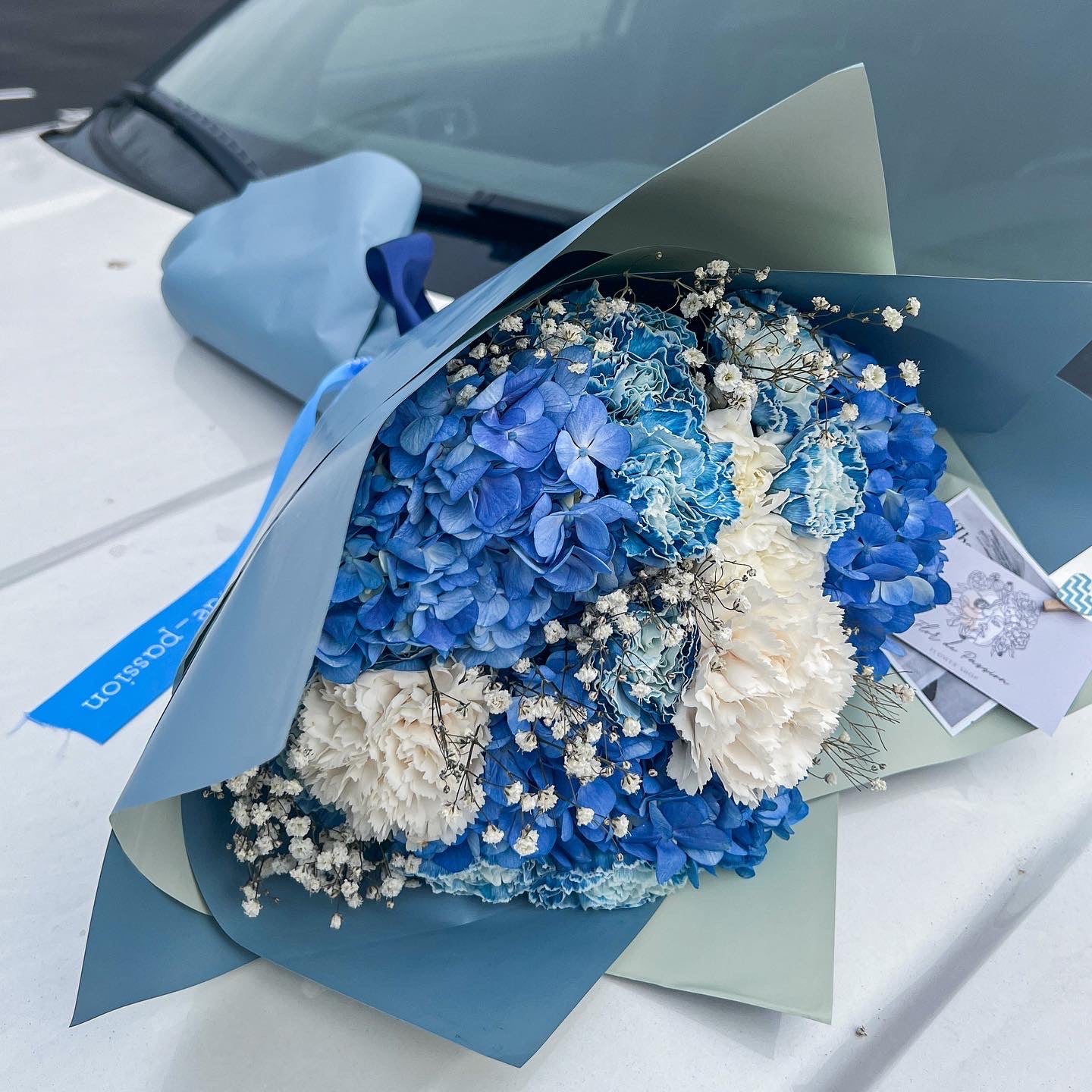 "Moody Blues" Bouquet (hydrangeas, dianthuses , baby breath)