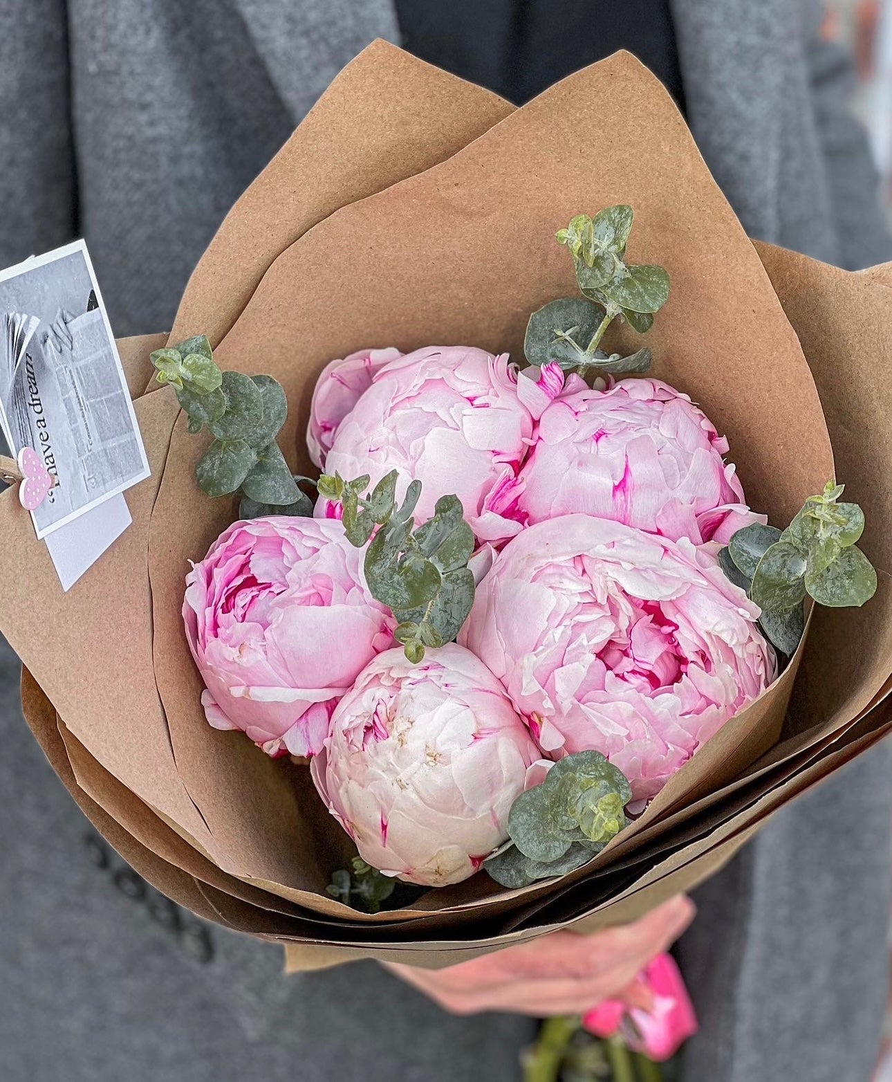 Bouquet of Light Pink Peonies with Eucalyptus.