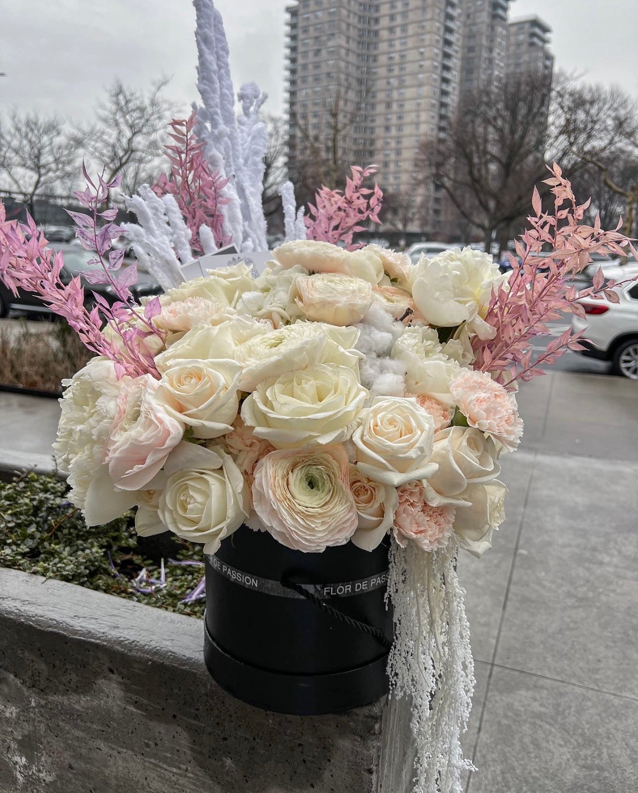 "Winter Vibes" Box (peonies , ranunculus , amaranthus, ruskus, roses)