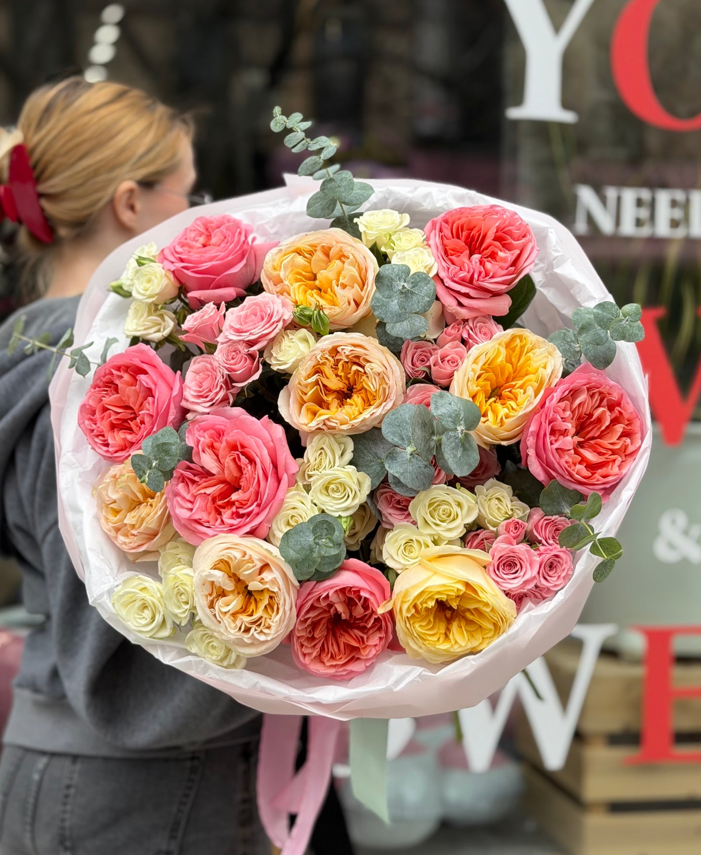“Rose Garden” Bouquet ( Pink Expression Roses, Cream Expression Roses, Spray Roses, Eucalyptus)