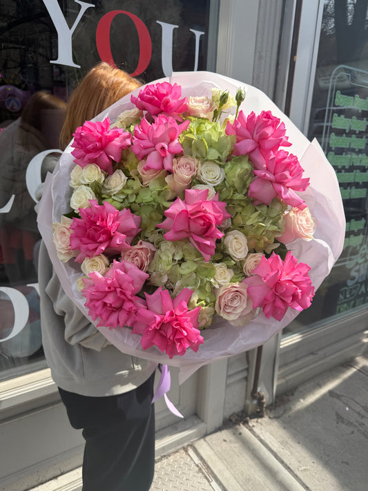 “Color Bloom” Bouquet (Pink Mondial Roses, French Sweet Unique Roses, green hydrangeas, white spray roses)