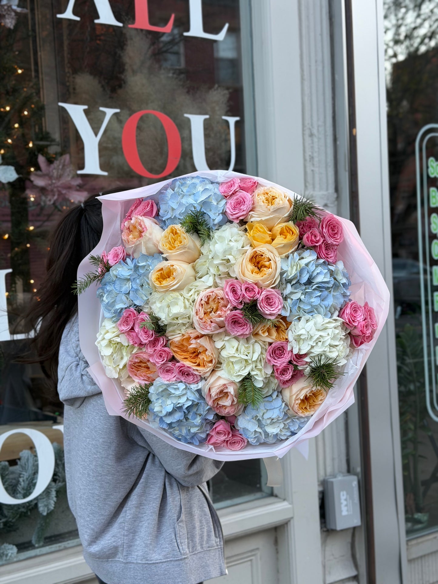 "Frost-Kissed Morning" Bouquet (Garden Roses, Hydrangeas, Spray Roses, Christmas Greenery)