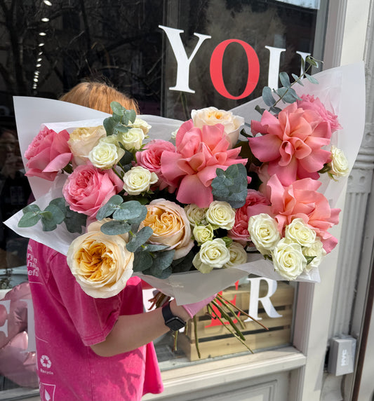“Rose Paradise” Bouquet ( French Hermosa Roses, Garden Roses, Spray Roses, Eucalyptus)