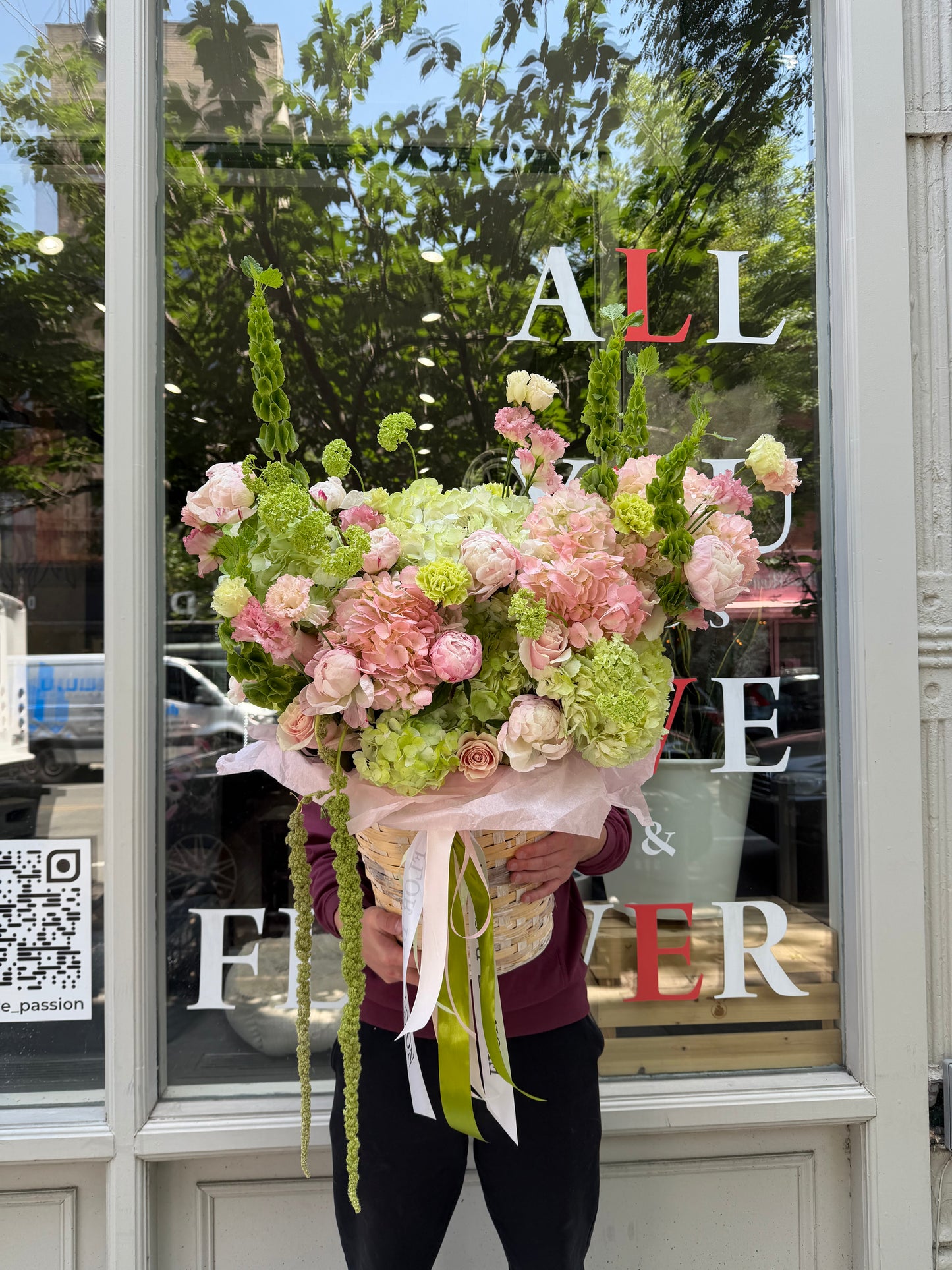 "Brownstone Bloom"Basket (Peonies, Hydrangeas, Lisianthus, Viburnum, Carnations, Roses, Bells of Ireland, Amaranth)