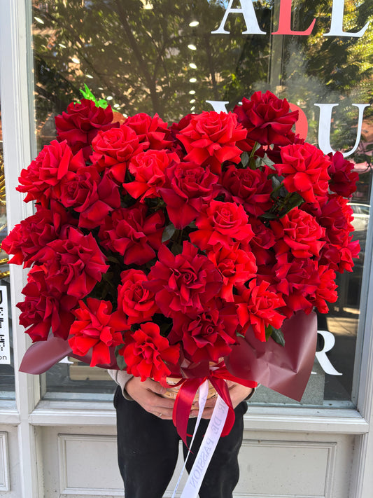 "Shades of Red" Basket ( French Nina roses , French Explorer roses)