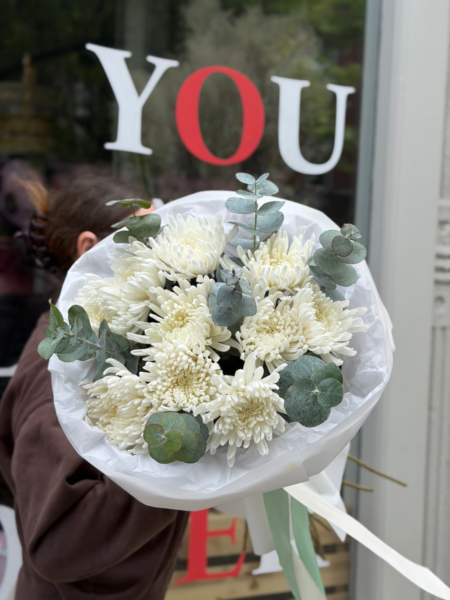 White Chrysanthemums & Eucalyptus