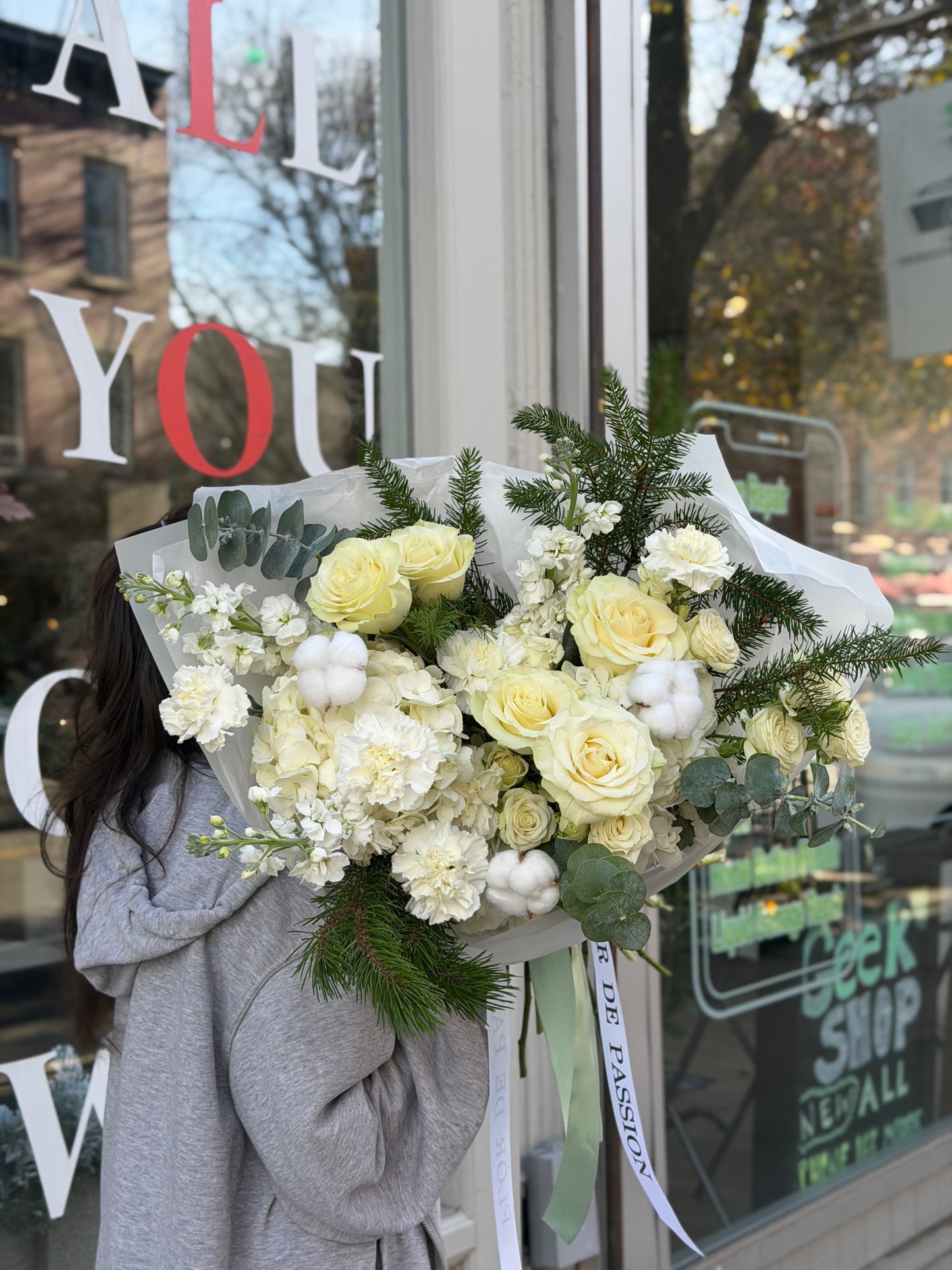 "Snow Garden" Bouquet (Hydrangeas, White Roses, Spray Roses, Cotton, Carnations, Eucalyptus, Stocks, Christmas Greenery)