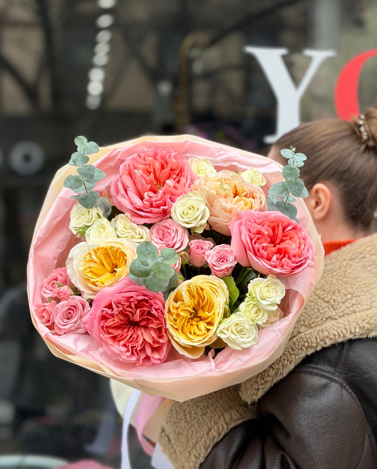 “Rose Garden” Bouquet ( Pink Expression Roses, Cream Expression Roses, Spray Roses, Eucalyptus)