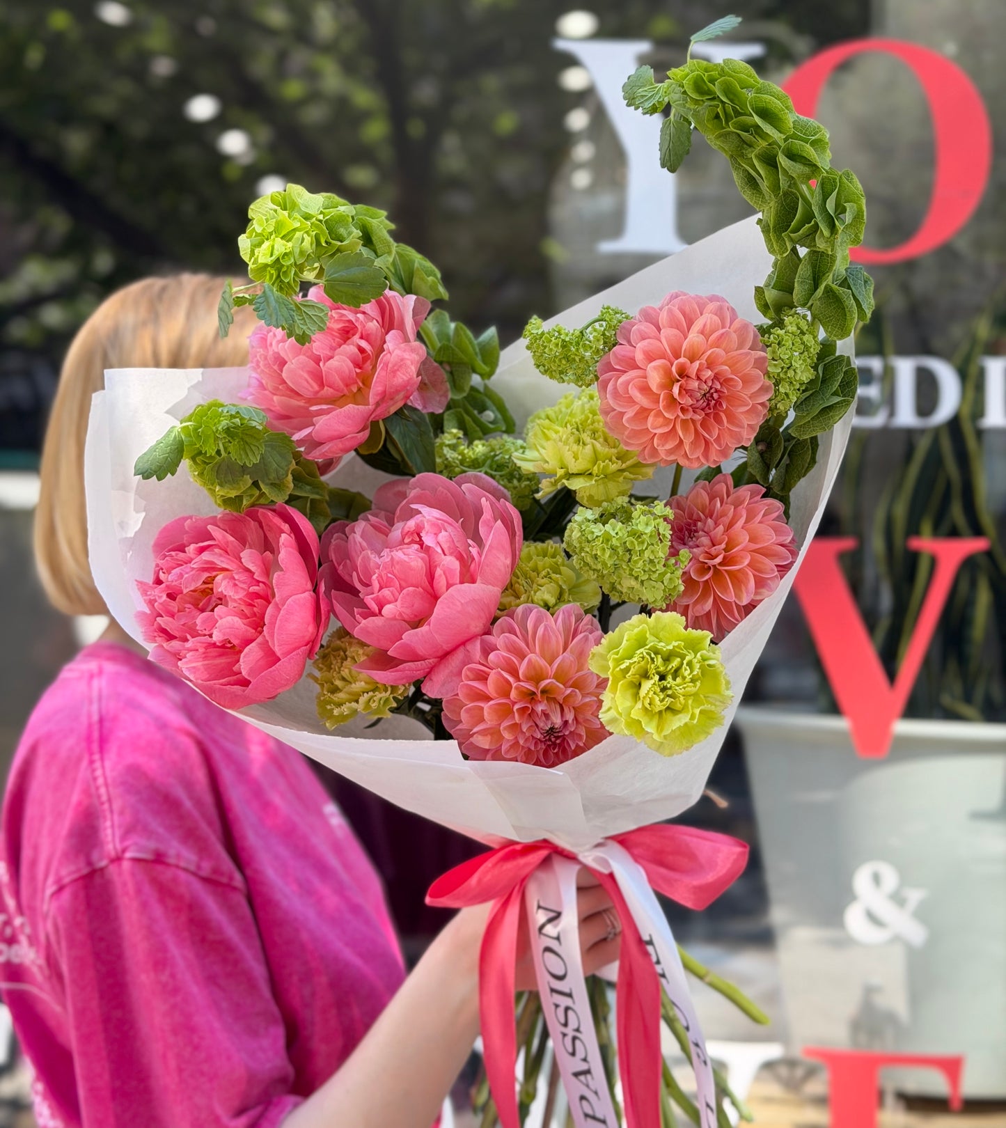 “Guava Drop” Bouquet (Coral Peonies, Viburnum,Dahlias,Bells of Ireland,Carnations)
