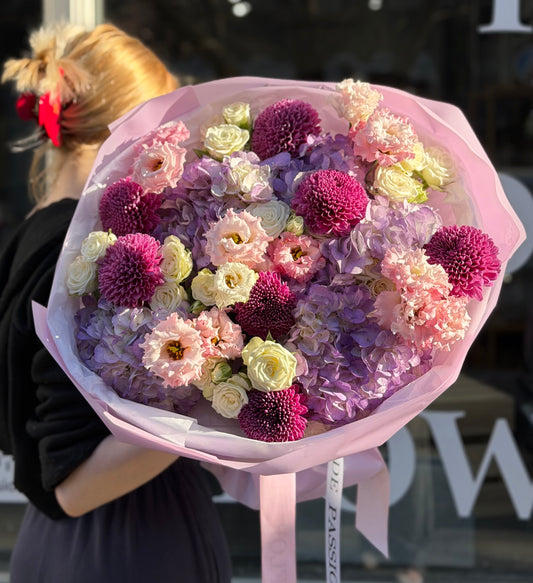 “Lilac Volume” Bouquet ( chrysanthemum, hydrangeas, lisianthus, spray roses)
