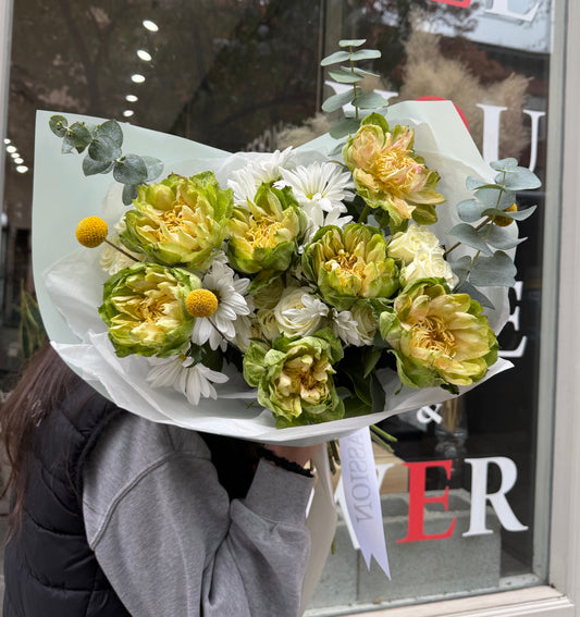 “Green Fever” Bouquet (veggie roses, spray roses, daisy, eucalyptus, craspedia)