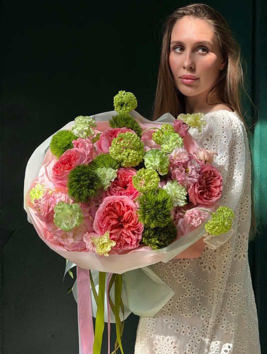 “Watermelon Sorbet” Bouquet (Viburnum,Pink Expression Garden Roses,Green Balls,Lisianthus,Carnations,Hydrangeas)