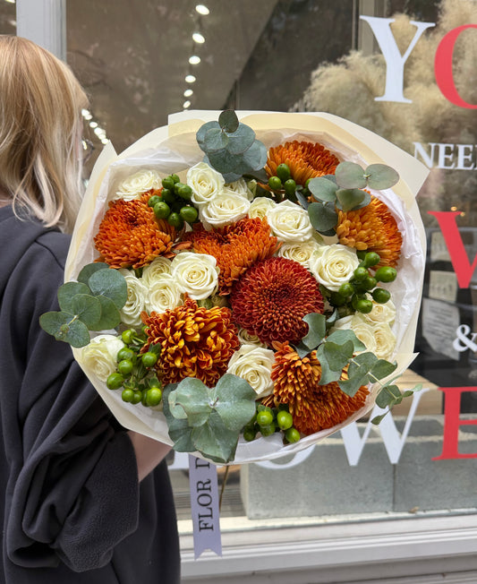 “Spice Theory” Bouquet (white spray roses, hypericum, eucalyptus, chrysanthemums)