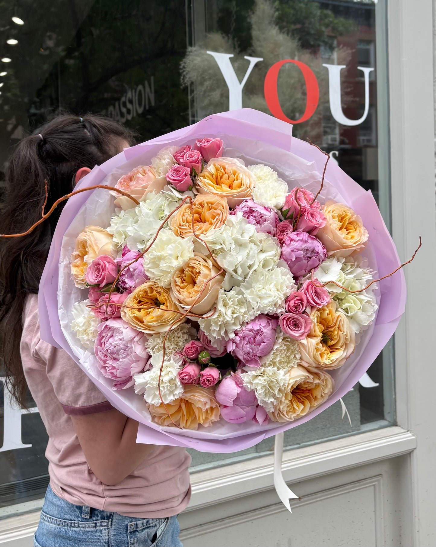 “Summer” Bouquet (cream garden roses, peonies, hydrangeas, spray roses, dianthuses)