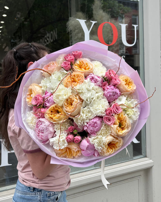 “Summer” Bouquet (cream garden roses, peonies, hydrangeas, spray roses, dianthuses)